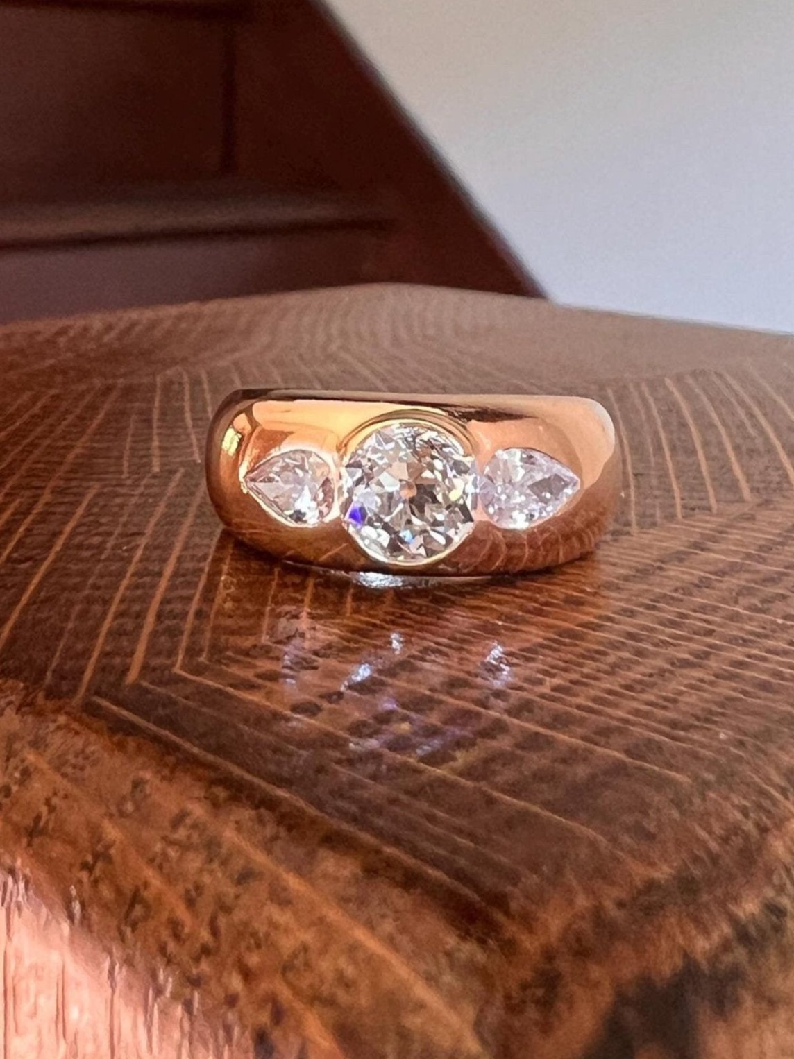 Chunky 1.75 Carat Old Mine Cut DIAMOND Pear Gypsy Ring 10g 18k Gold HEAVY Vintage Stacker 9mm Wide Gypsy Band French OMC Three Stone Wedding