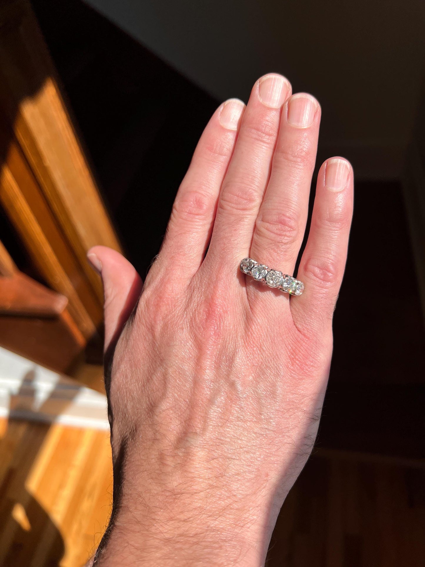 MEGA 2.8 Carat Five Stone Transitional Old Mine Cut DIAMOND Platinum Ring French Vintage Band Tall Chunky Stacker Art Deco Wedding OMC OeC