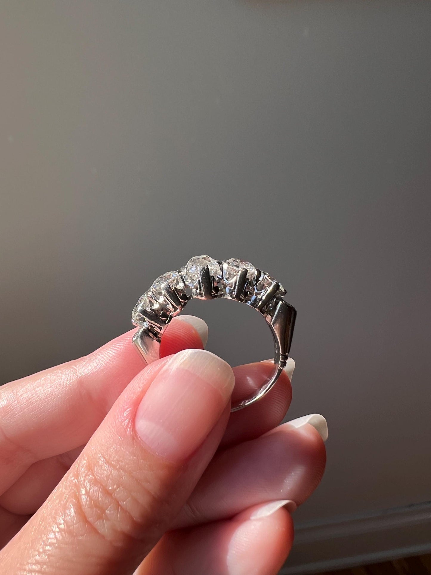 MEGA 2.8 Carat Five Stone Transitional Old Mine Cut DIAMOND Platinum Ring French Vintage Band Tall Chunky Stacker Art Deco Wedding OMC OeC