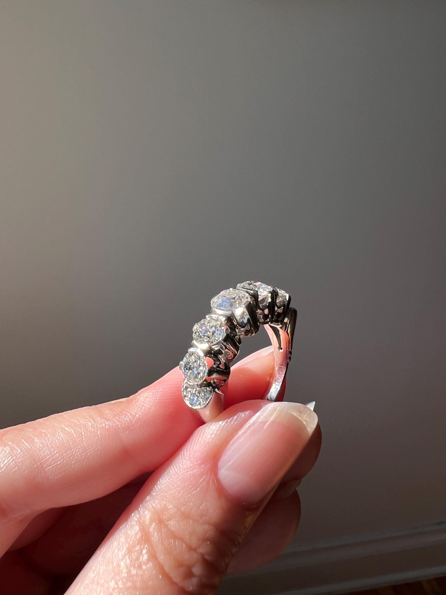MEGA 2.8 Carat Five Stone Transitional Old Mine Cut DIAMOND Platinum Ring French Vintage Band Tall Chunky Stacker Art Deco Wedding OMC OeC