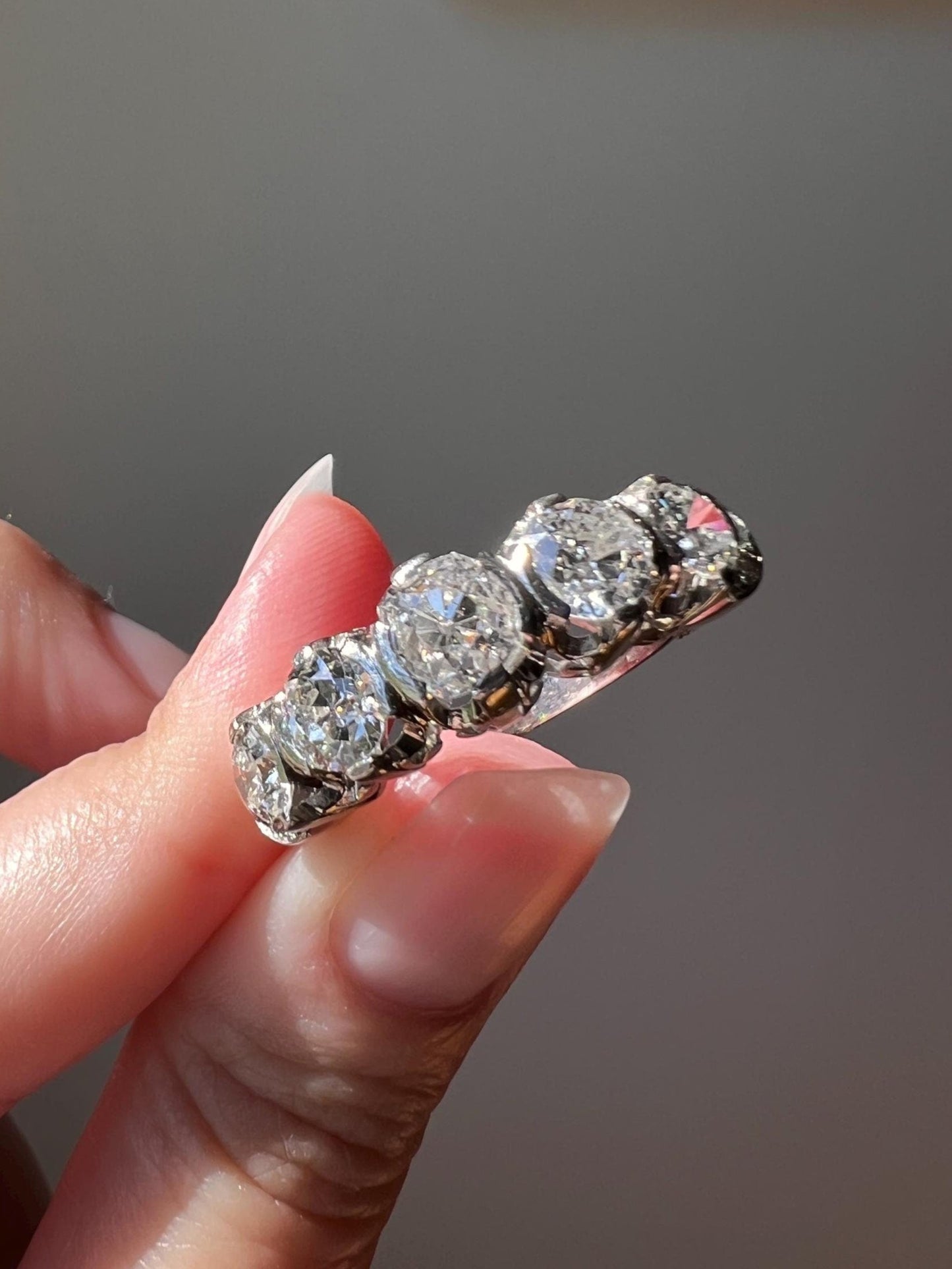 MEGA 2.8 Carat Five Stone Transitional Old Mine Cut DIAMOND Platinum Ring French Vintage Band Tall Chunky Stacker Art Deco Wedding OMC OeC