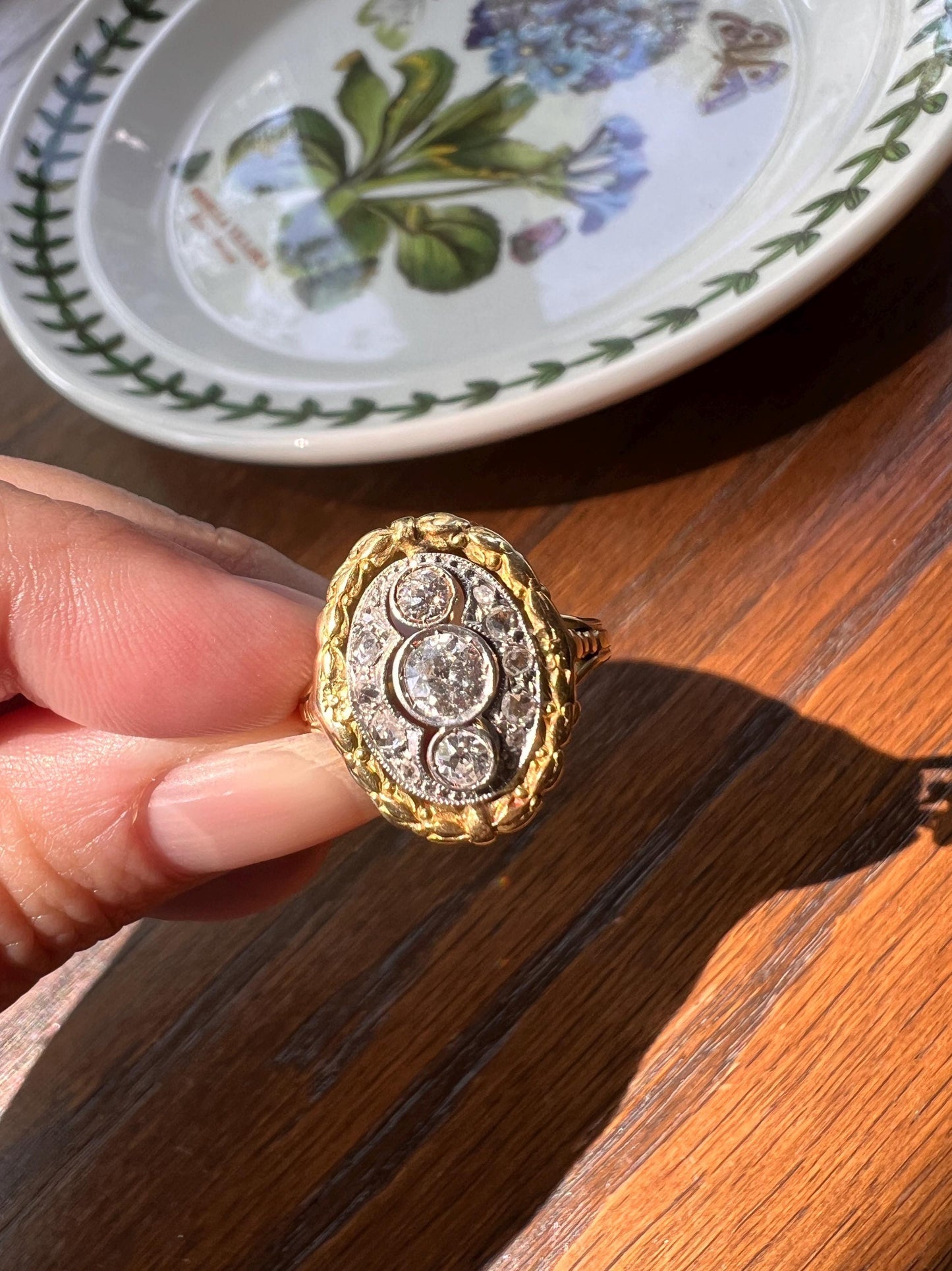 Unique .75 Carat Old European Cut DIAMOND Floral Garland French Antique 18k Gold Rose Cut Ring Forget Me Not Halo Belle Epoque Figural Gift