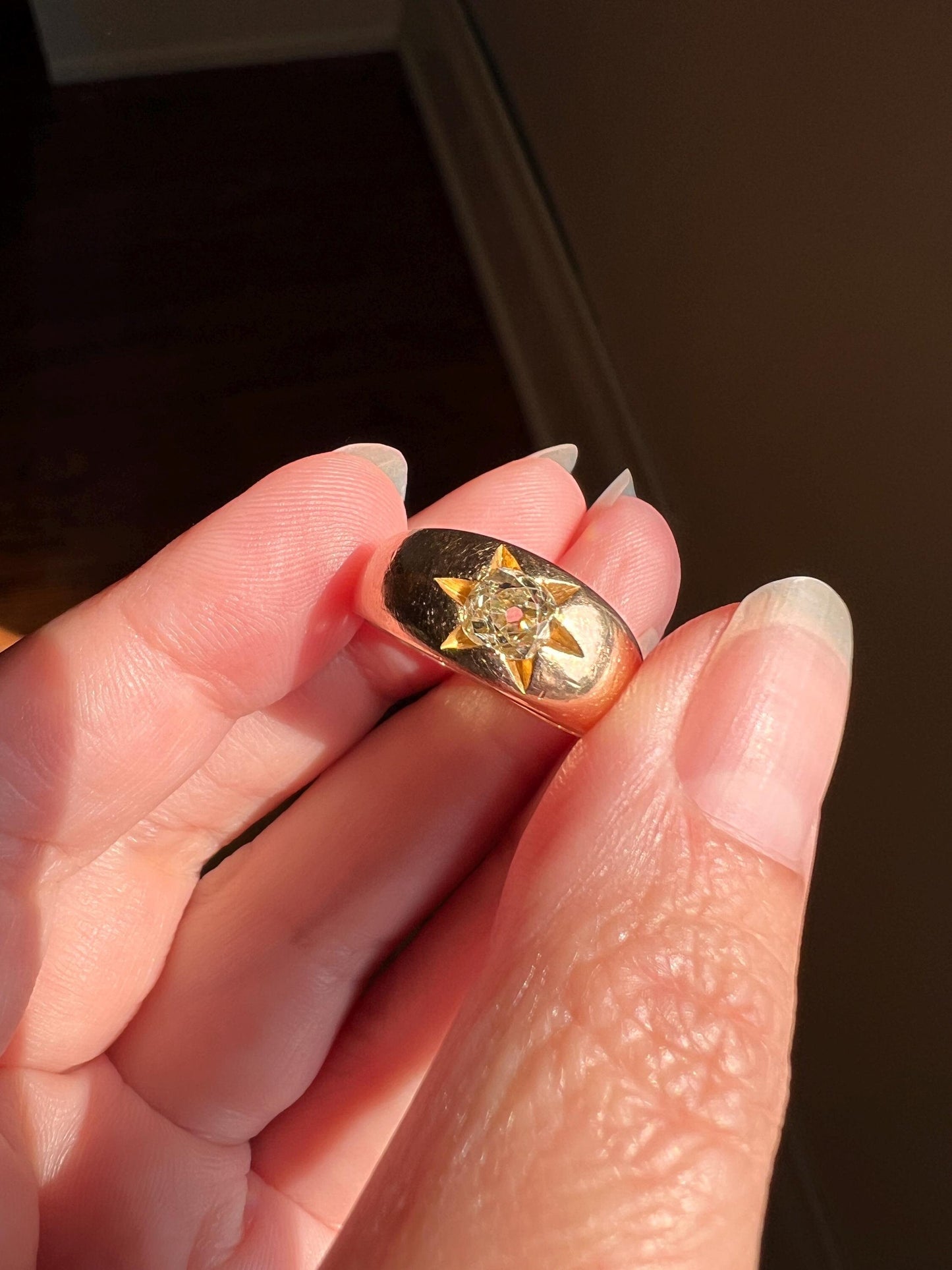 STAR Antique .6 Carat Pale YELLOW Old Mine Cut DIAMOND Gypsy Ring 8.3g 18k Gold Rosy Domed Chunky Band Romantic Gift Stacker Unisex 0.6 OmC