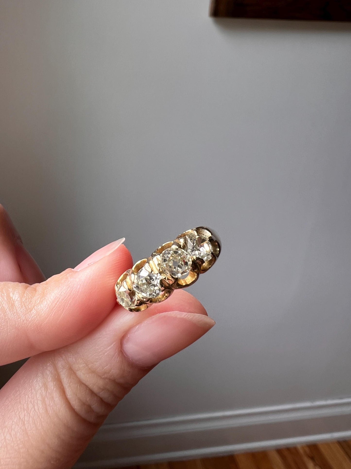 Antique OMC 1.4 Carat VICTORIAN Old Mine Cut DIAMOND 12k Gold Four Stone Ring Chunky Band Romantic Gift Stacker 1.4Ctw Wedding Engagement