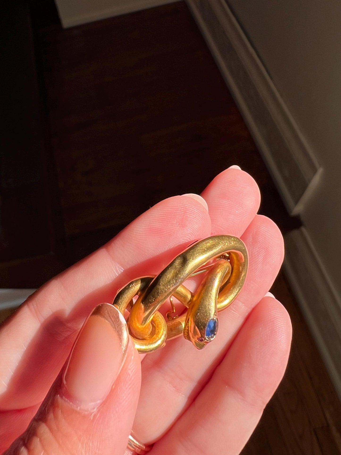 Smiling SNAKE XL Victorian Antique Figural TEETH! 7.5g 18k Gold Solid Brooch or Pendant Holder Connector Sapphire Head Ruby Eyes