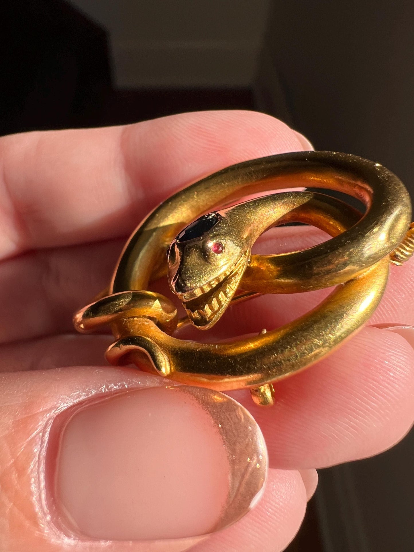 Smiling SNAKE XL Victorian Antique Figural TEETH! 7.5g 18k Gold Solid Brooch or Pendant Holder Connector Sapphire Head Ruby Eyes