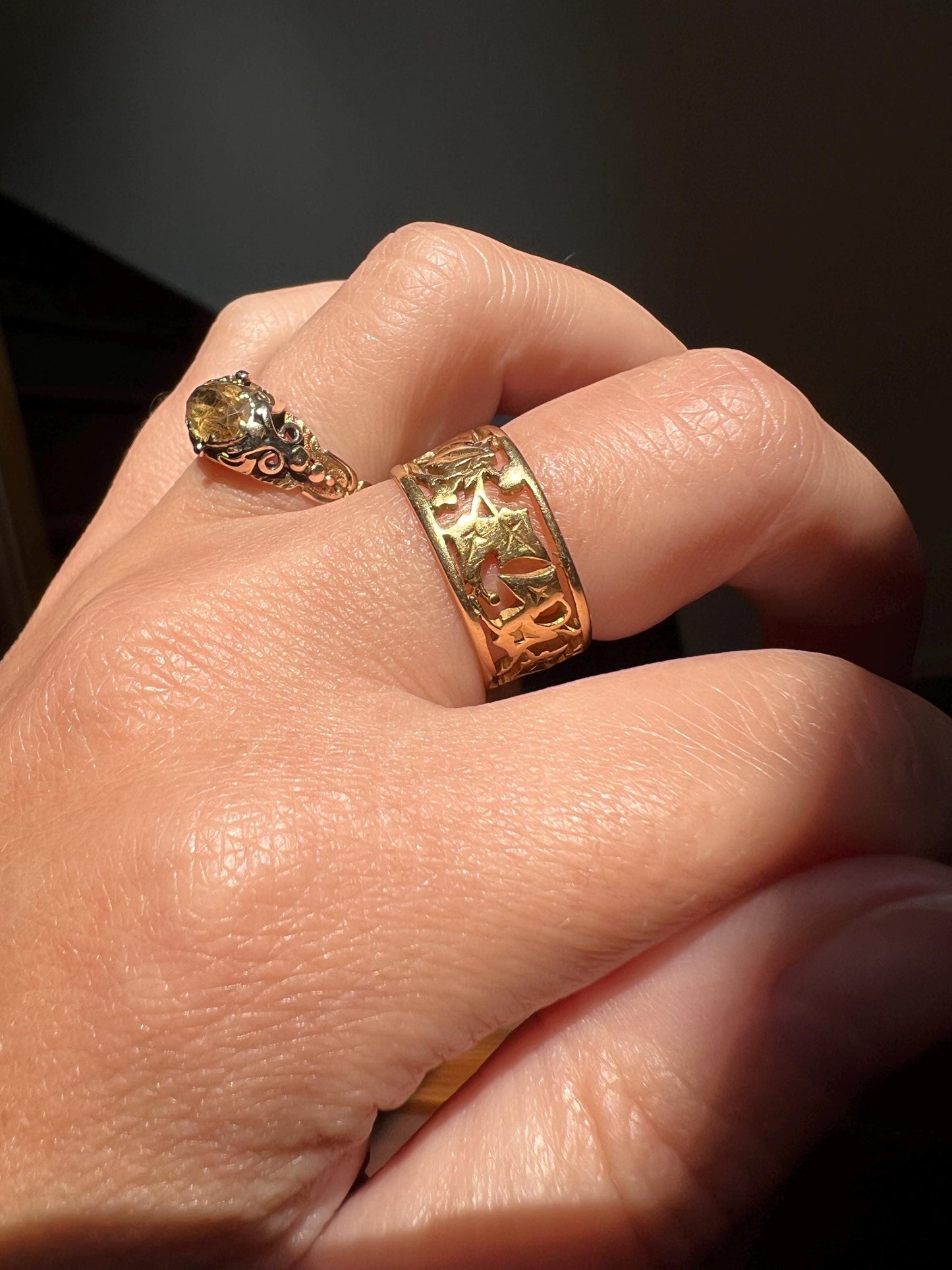 IVY Victorian French ANTIQUE Hallmark Chunky 8.2mm Wide Cigar Band 18k Gold Solid Eternity Ring Open Work Engraved Wedding Stacker Love Gift