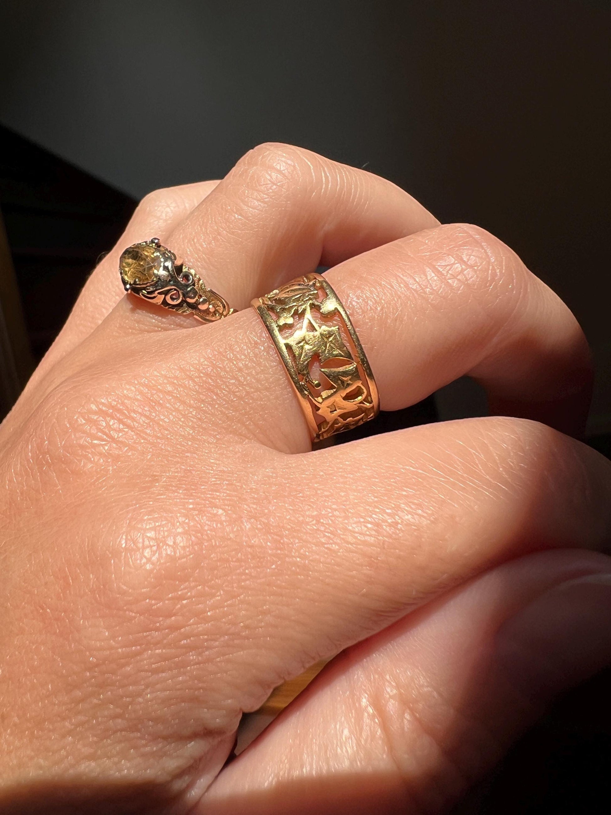 IVY Victorian French ANTIQUE Hallmark Chunky 8.2mm Wide Cigar Band 18k Gold Solid Eternity Ring Open Work Engraved Wedding Stacker Love Gift