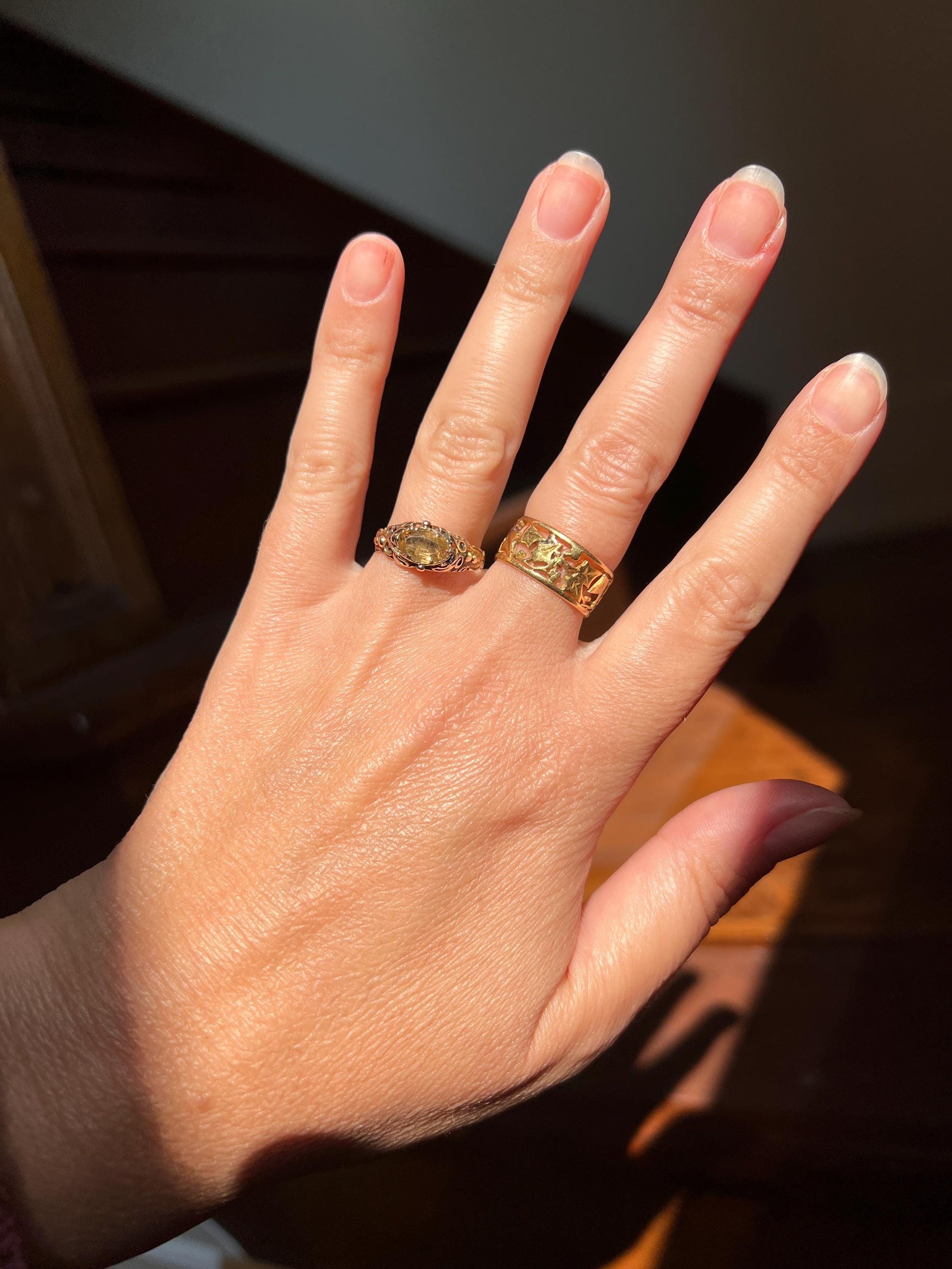 Antique GEORGIAN Old Cut Precious Golden Yellow Peach TOPAZ Ring 14k Gold Foil Back East West OVAL Ornate Scrolled Romantic Gift Victorian