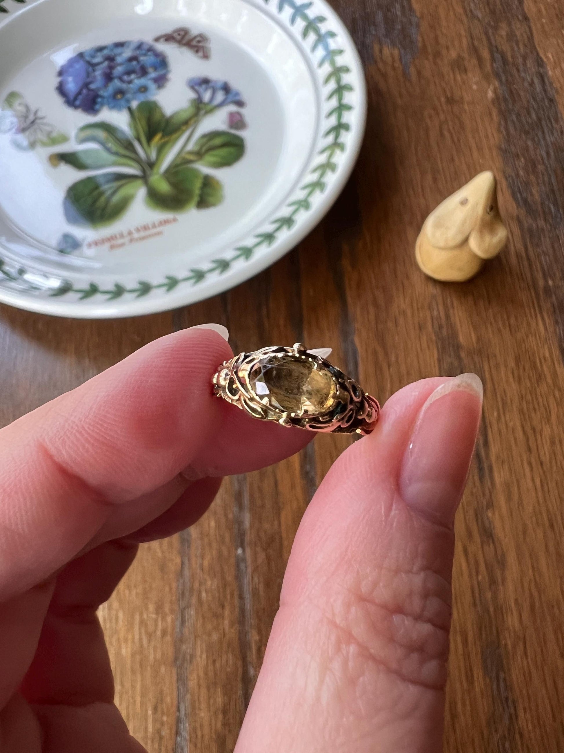 Antique GEORGIAN Old Cut Precious Golden Yellow Peach TOPAZ Ring 14k Gold Foil Back East West OVAL Ornate Scrolled Romantic Gift Victorian