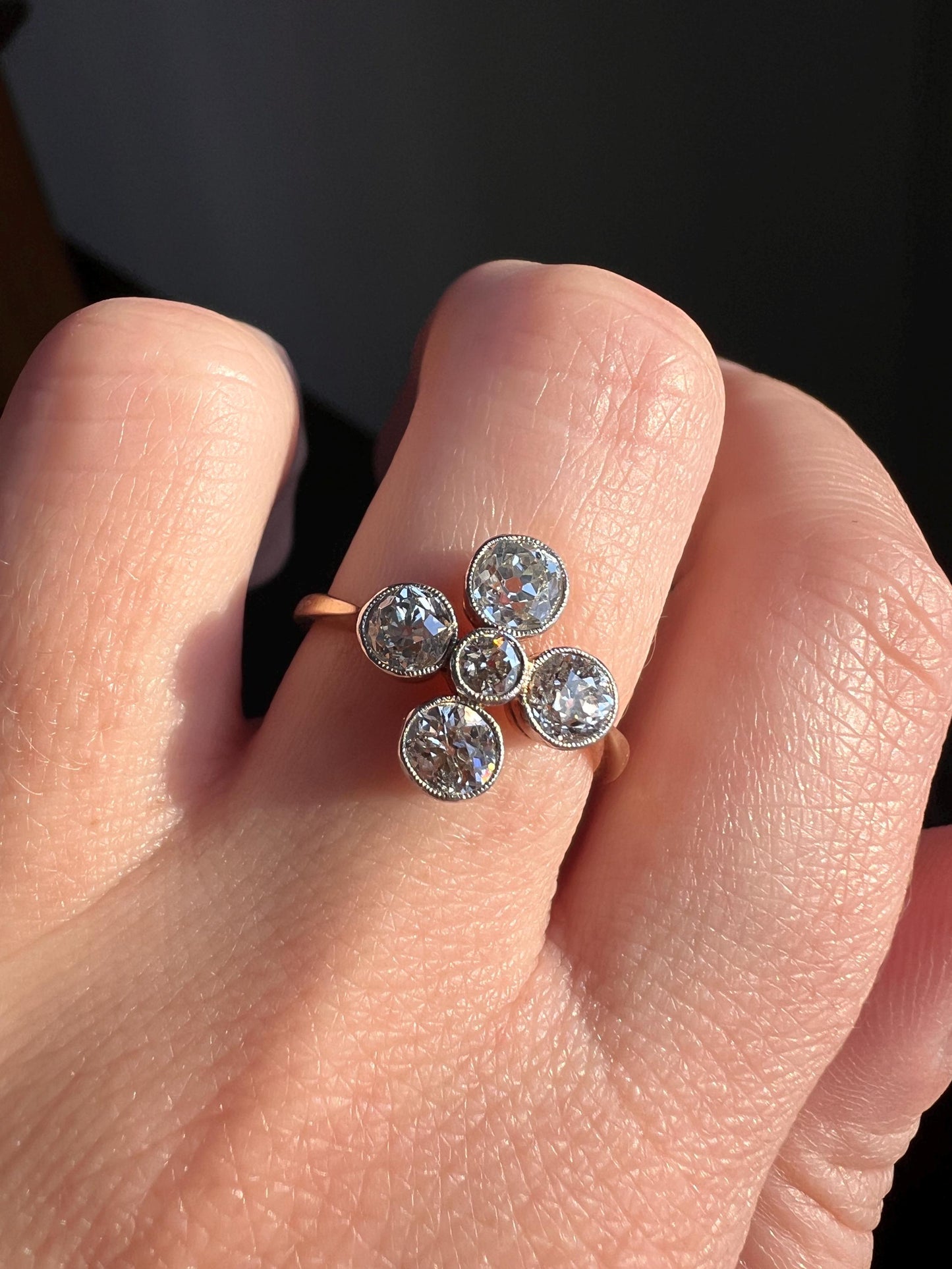 CRUCIFORM 1.25 Carat Old Mine Cut DIAMOND Ring Antique EDWARDIAN 18k Gold Platinum Five Stone Geometric Romantic Gift Stacker Milgrain OmC