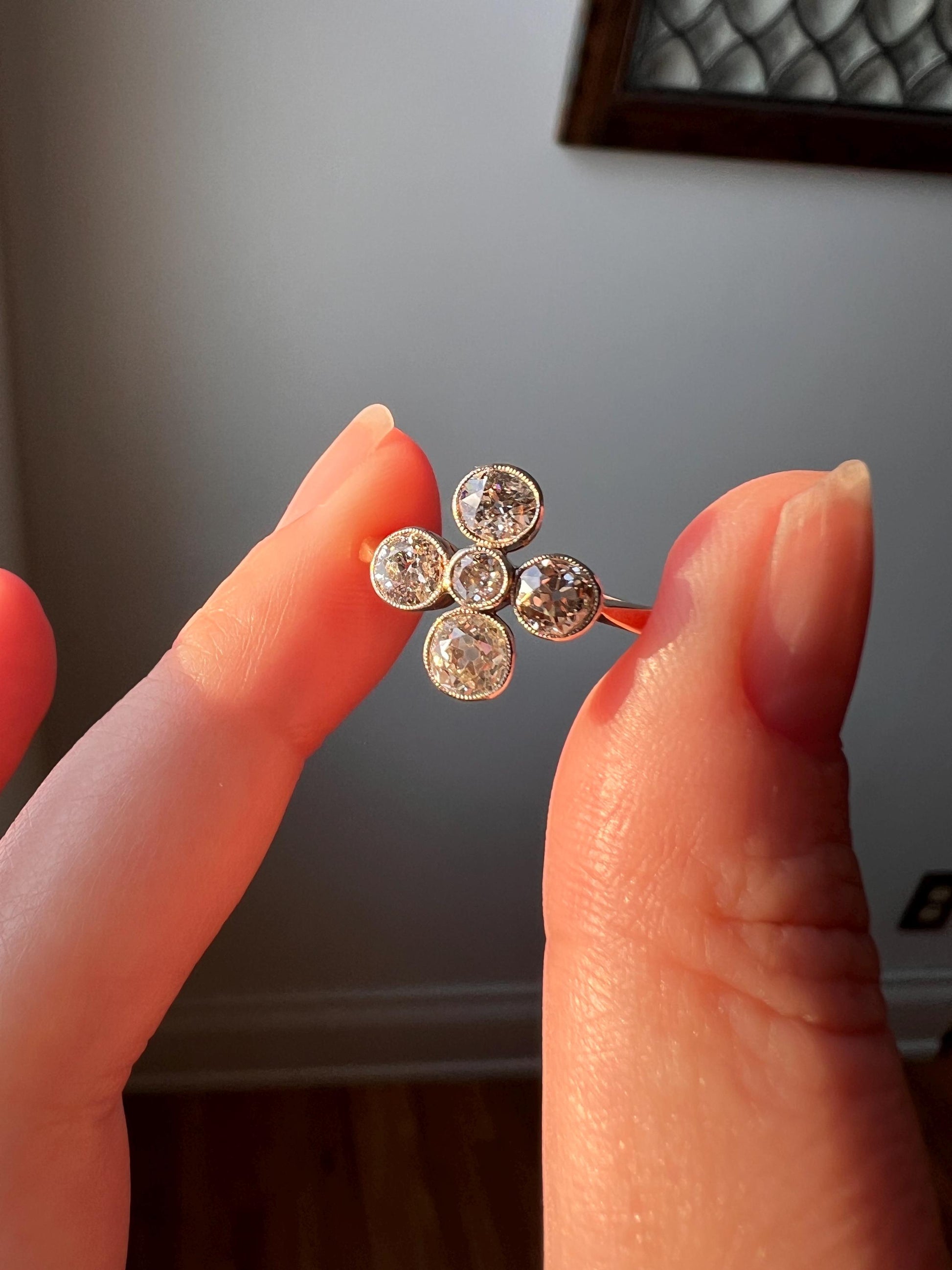 CRUCIFORM 1.25 Carat Old Mine Cut DIAMOND Ring Antique EDWARDIAN 18k Gold Platinum Five Stone Geometric Romantic Gift Stacker Milgrain OmC