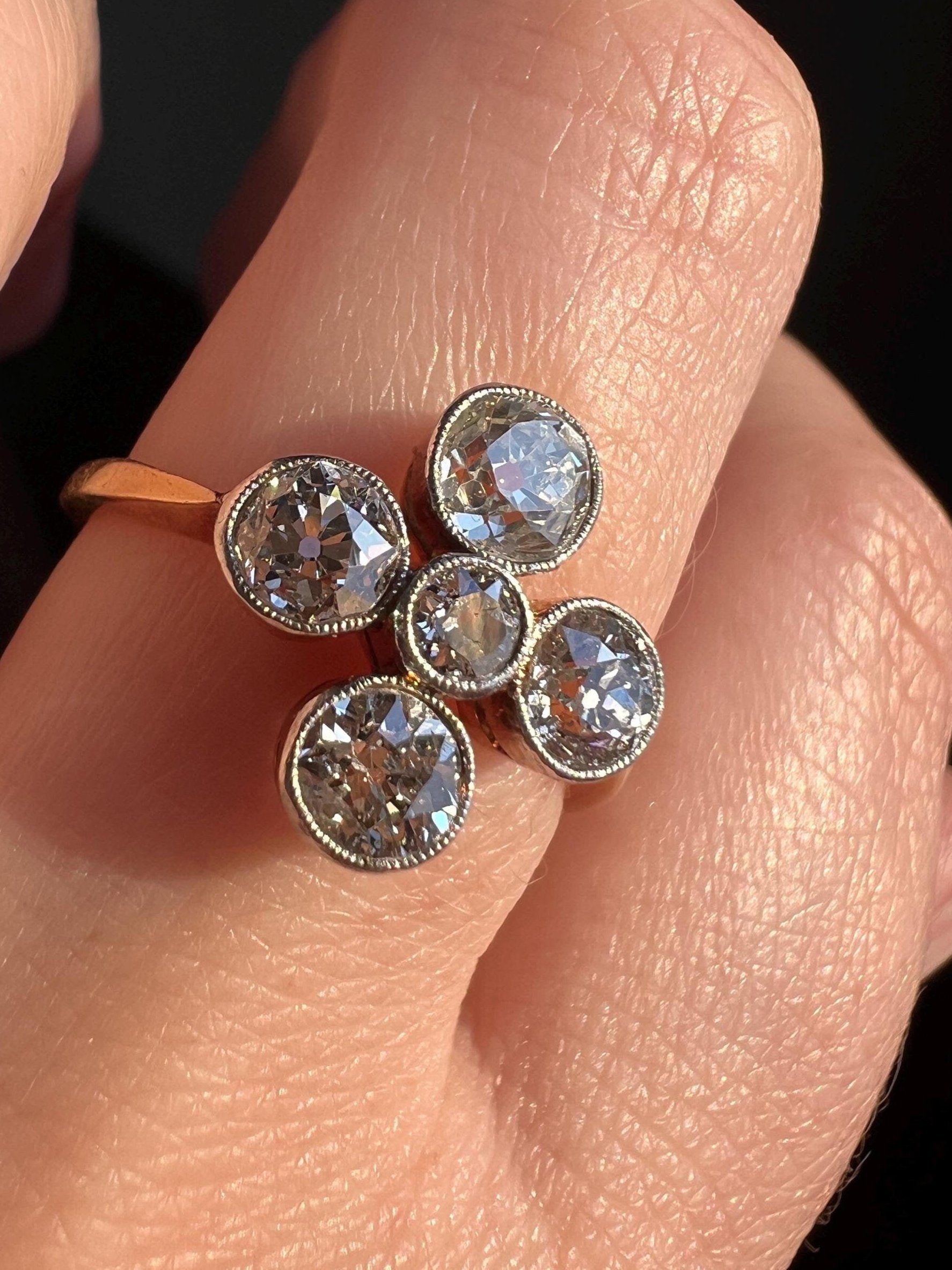 CRUCIFORM 1.25 Carat Old Mine Cut DIAMOND Ring Antique EDWARDIAN 18k Gold Platinum Five Stone Geometric Romantic Gift Stacker Milgrain OmC