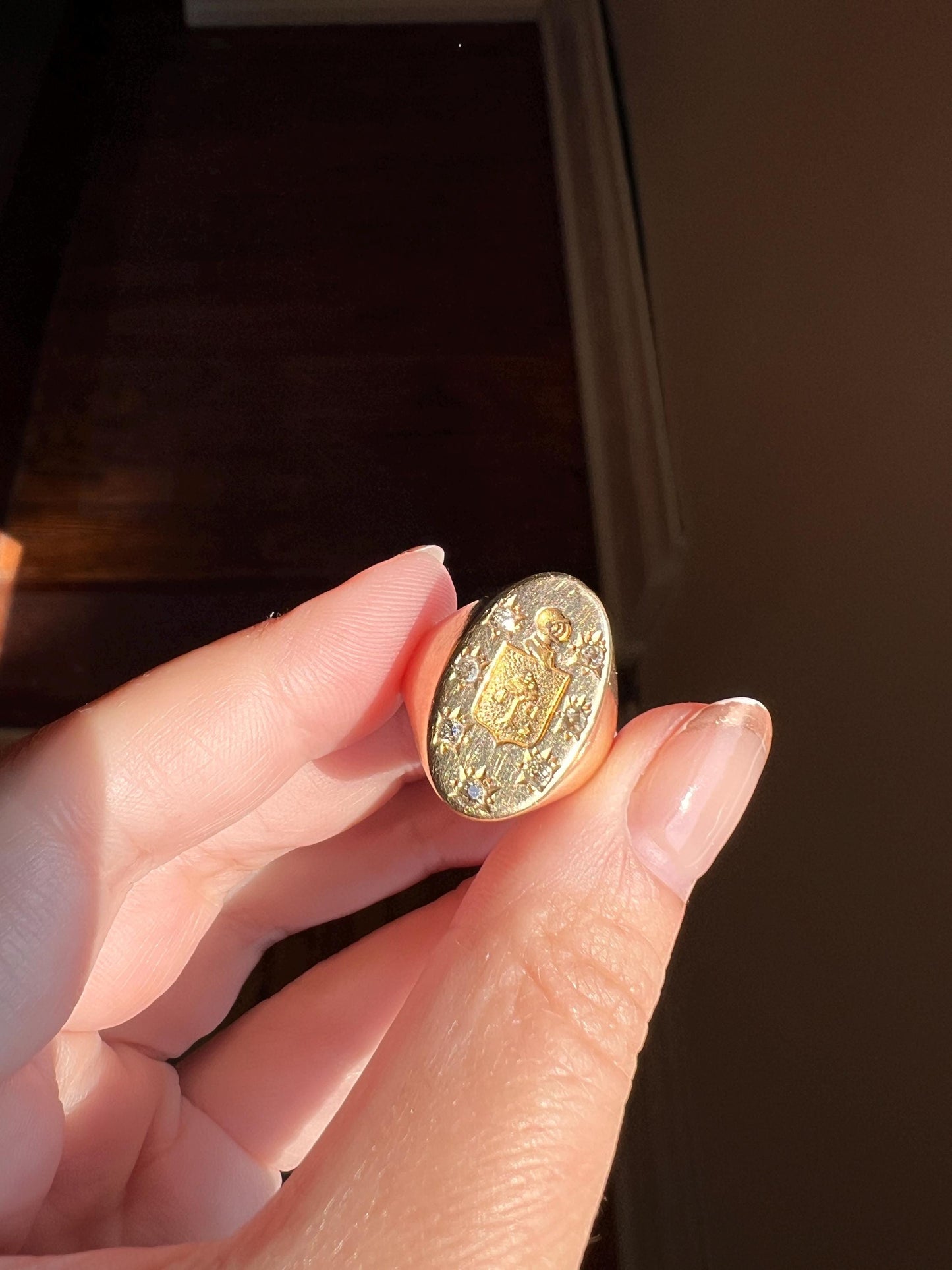 Old Mine Cut DIAMOND Starburst HEAVY French Antique Signet RING 13g 18k Gold Solid Helmet Coat of Arms Chunky Band Gift Victorian Unisex OmC