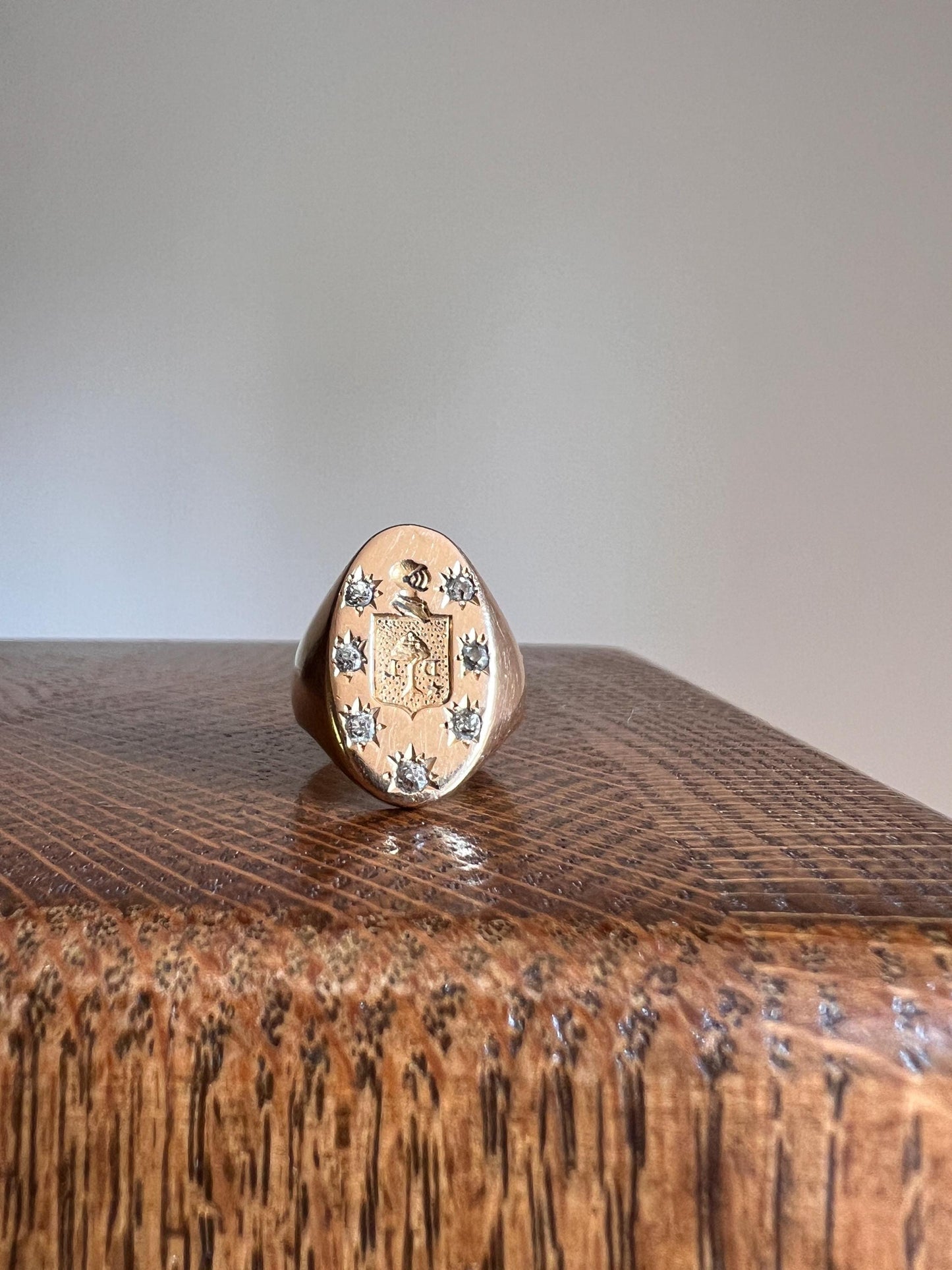 Old Mine Cut DIAMOND Starburst HEAVY French Antique Signet RING 13g 18k Gold Solid Helmet Coat of Arms Chunky Band Gift Victorian Unisex OmC
