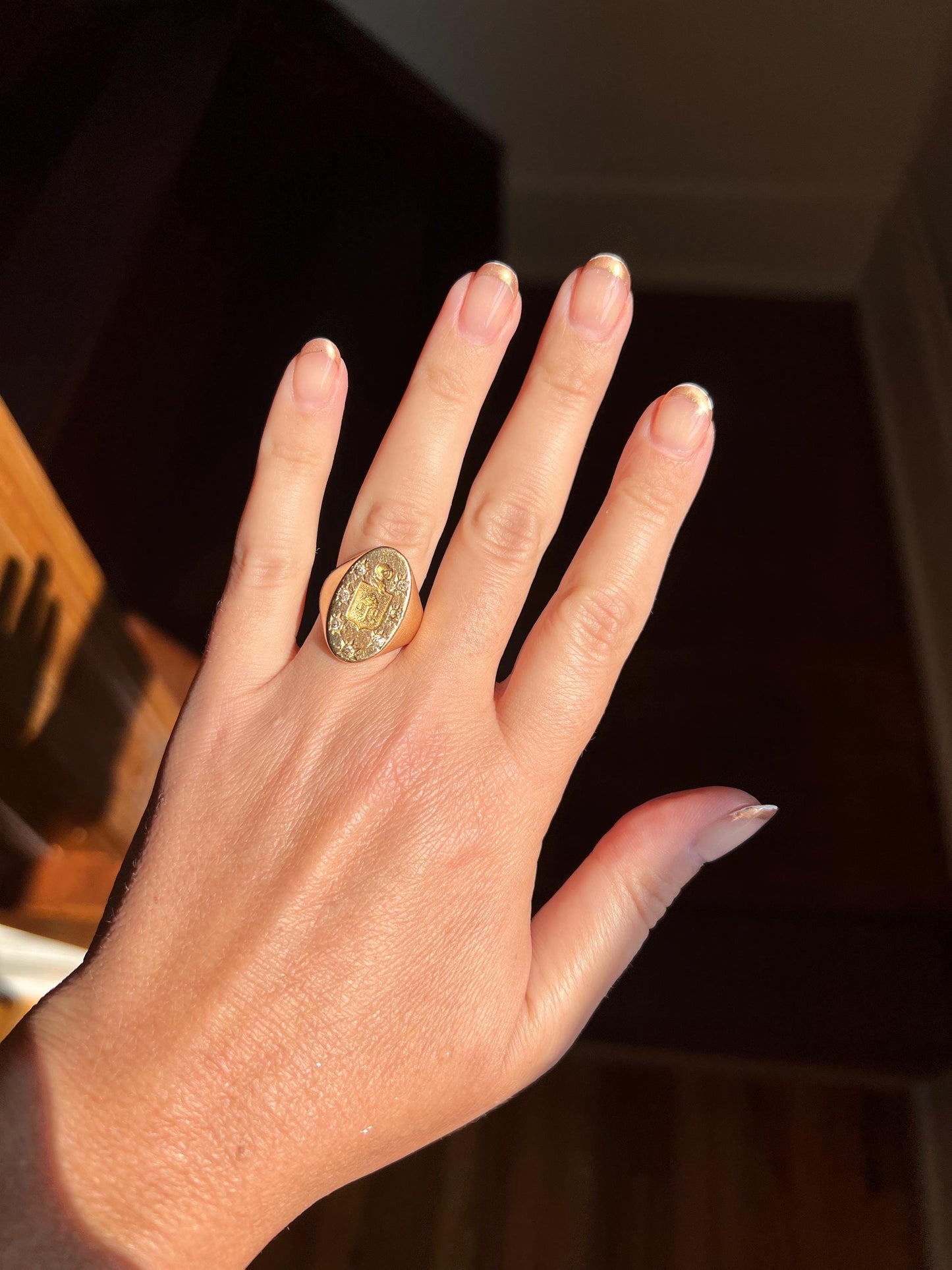Old Mine Cut DIAMOND Starburst HEAVY French Antique Signet RING 13g 18k Gold Solid Helmet Coat of Arms Chunky Band Gift Victorian Unisex OmC