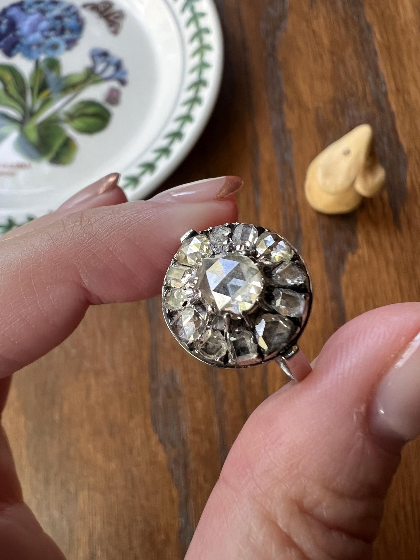 Rose & TABLE CUT Diamond Cluster Halo Ring Unique Antique Large 18k White Gold Chunky Sparkle Mixed Alternating Romantic Gift Ooak Foiled