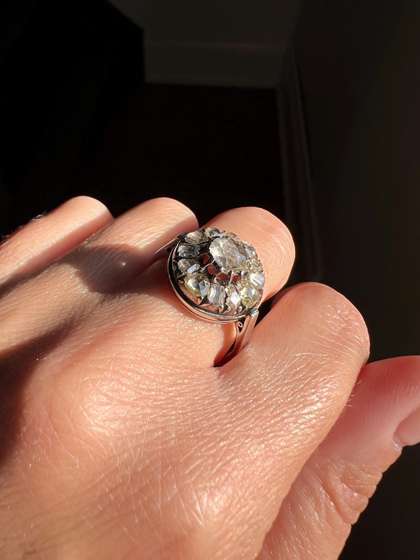 Rose & TABLE CUT Diamond Cluster Halo Ring Unique Antique Large 18k White Gold Chunky Sparkle Mixed Alternating Romantic Gift Ooak Foiled