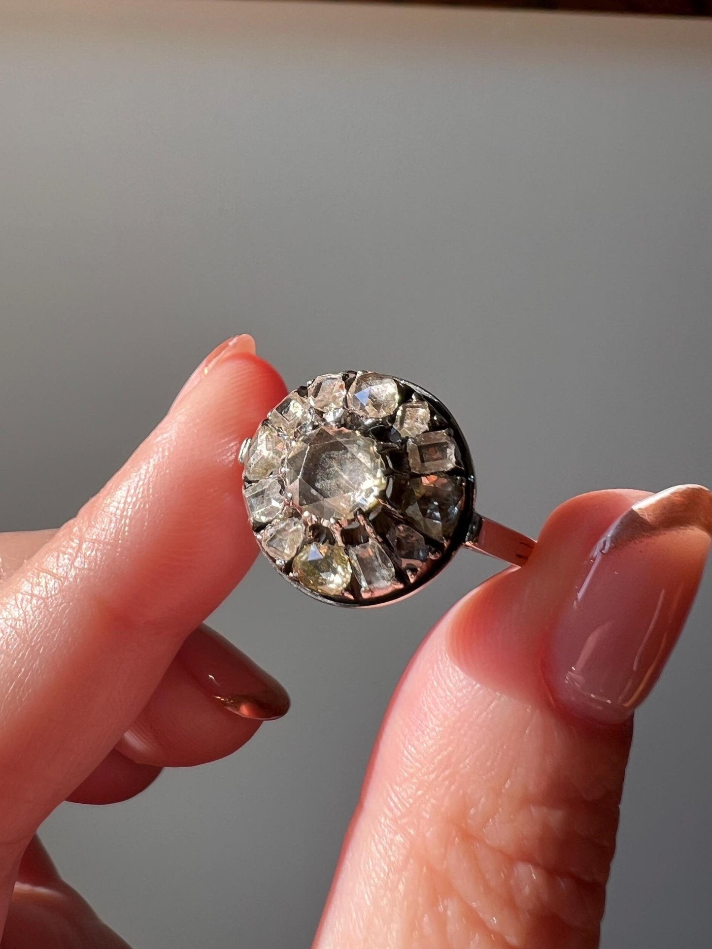 Rose & TABLE CUT Diamond Cluster Halo Ring Unique Antique Large 18k White Gold Chunky Sparkle Mixed Alternating Romantic Gift Ooak Foiled