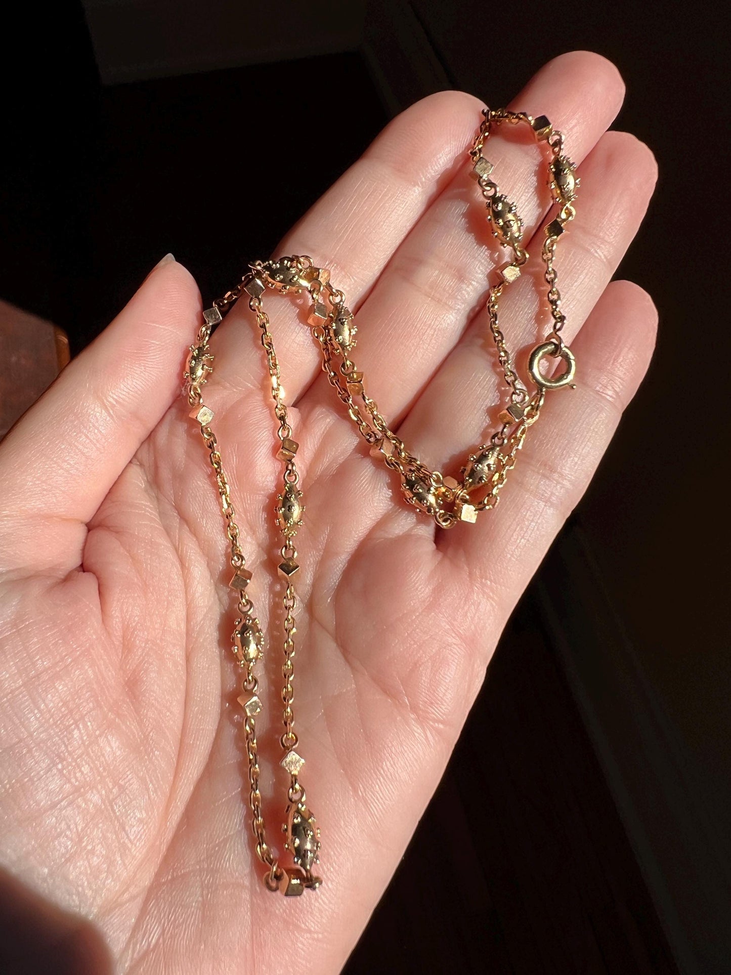 VICTORIAN Era Antique French 18k Gold Chain Necklace Cube Ball Rivet Pendant Holder Warm Glow Geometric Texture Minimalist Layering Neckmess