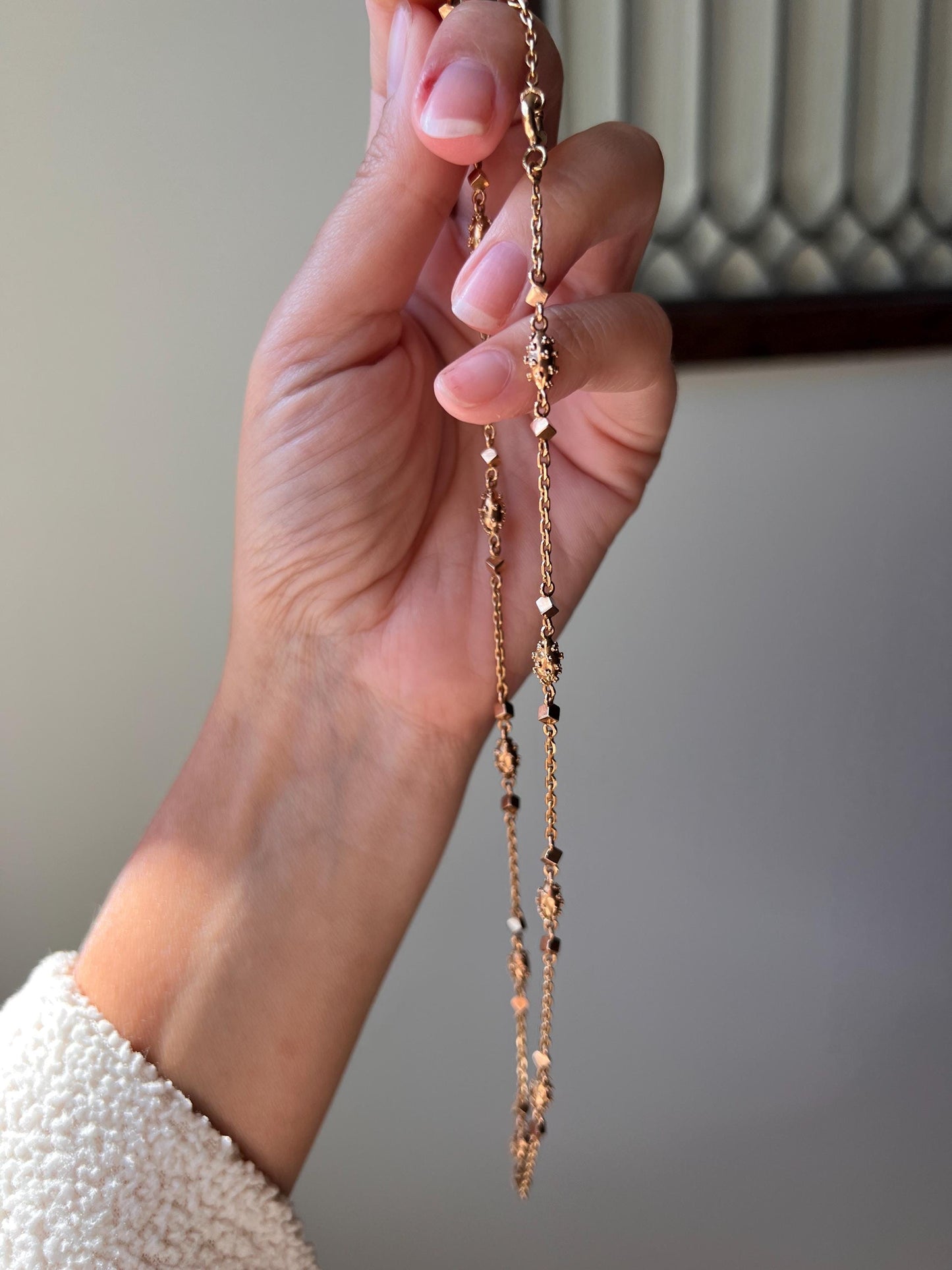 VICTORIAN Era Antique French 18k Gold Chain Necklace Cube Ball Rivet Pendant Holder Warm Glow Geometric Texture Minimalist Layering Neckmess