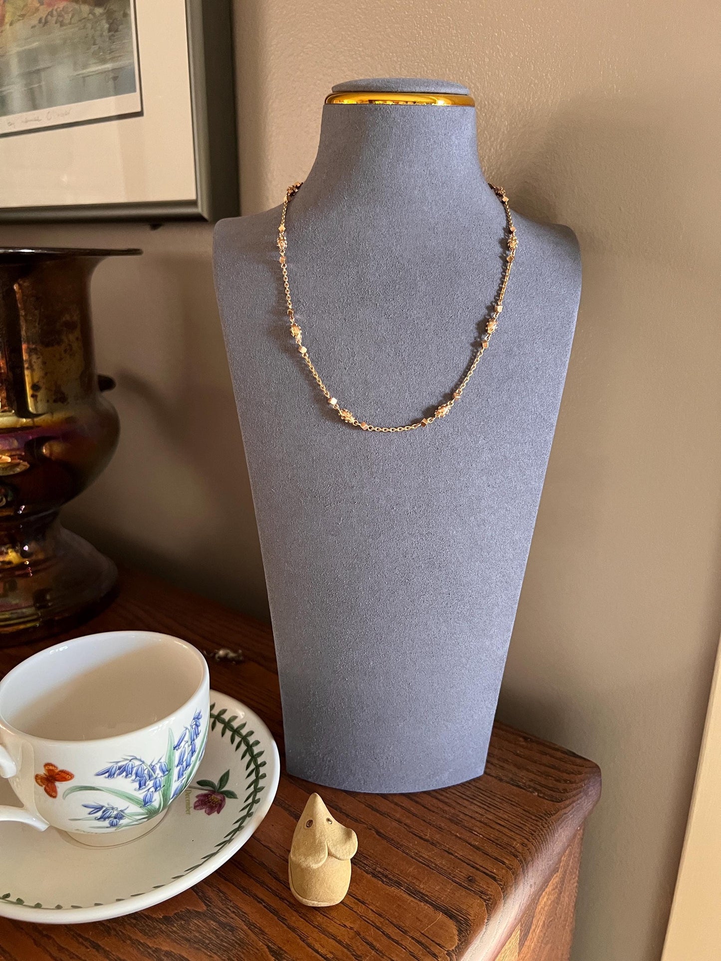 VICTORIAN Era Antique French 18k Gold Chain Necklace Cube Ball Rivet Pendant Holder Warm Glow Geometric Texture Minimalist Layering Neckmess