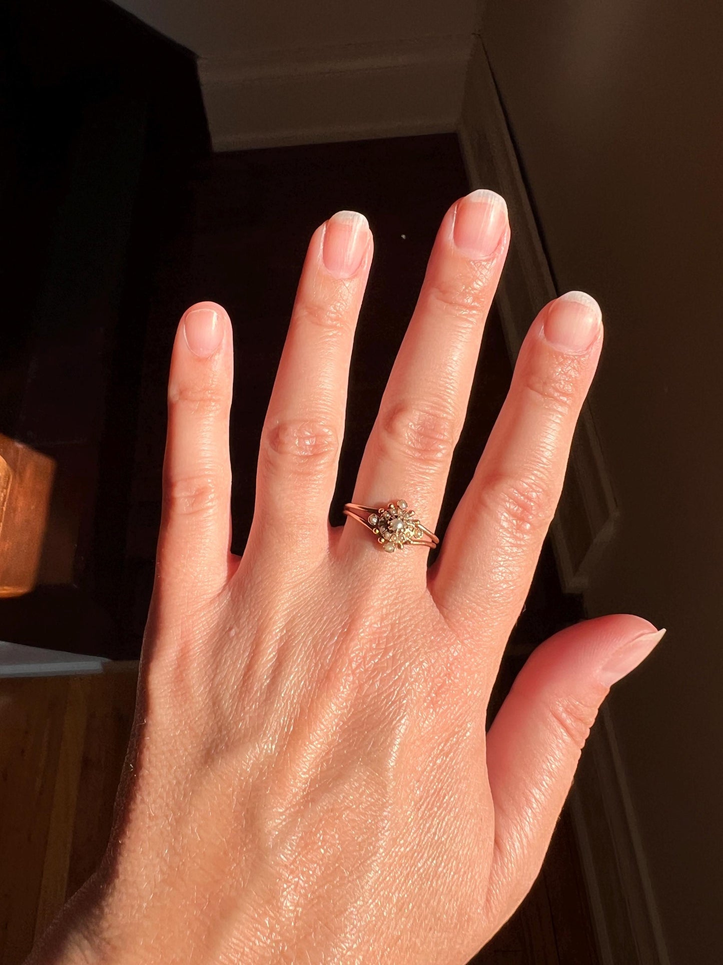 Seed PEARL Dainty Halo Target Bullseye Ring Victorian Antique 18k Rose Gold Stacker Ball Rivet Romantic Gift Unique Design Double Band Shank
