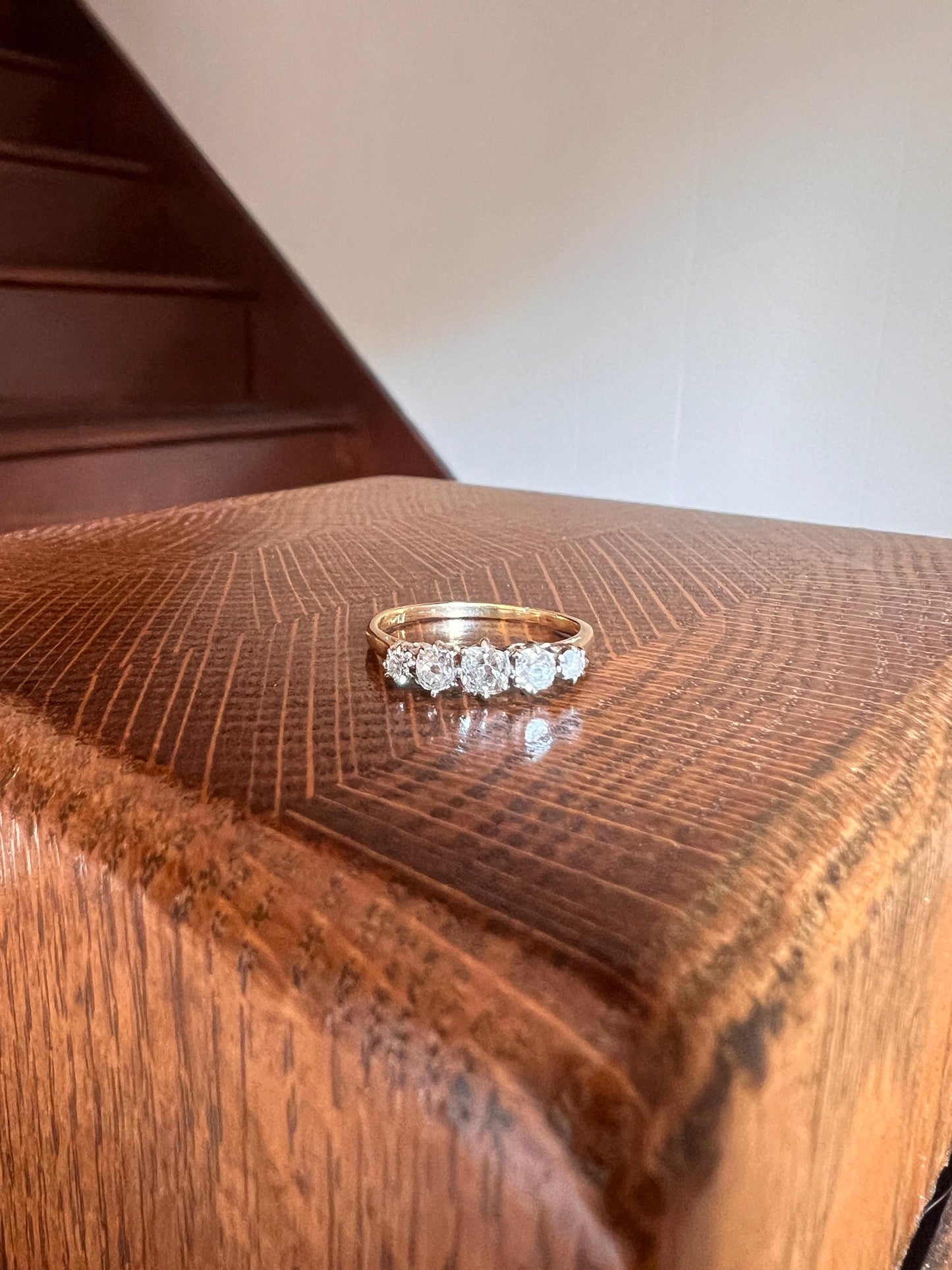 Antique .6 Carat Old Mine Cut DIAMOND 18k Gold & Platinum Five Stone Ring Tall Band Romantic Gift Stacker Linear Sparkly Victorian OMC