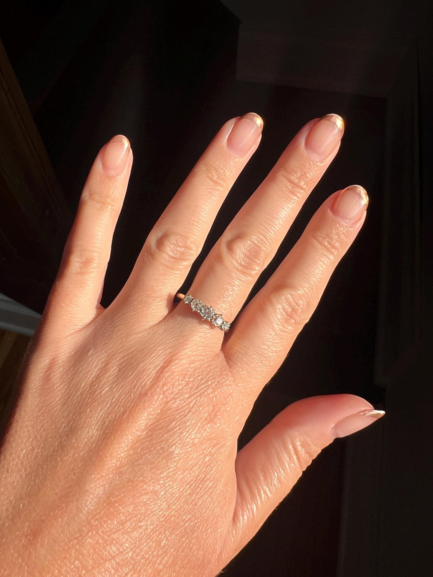 Antique .6 Carat Old Mine Cut DIAMOND 18k Gold & Platinum Five Stone Ring Tall Band Romantic Gift Stacker Linear Sparkly Victorian OMC