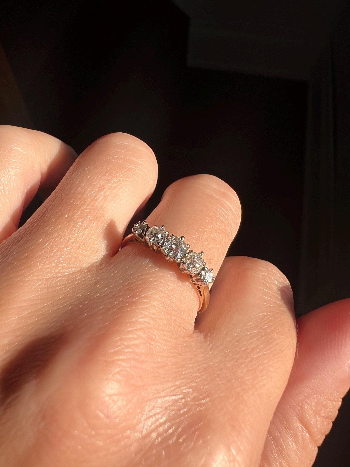 Antique .6 Carat Old Mine Cut DIAMOND 18k Gold & Platinum Five Stone Ring Tall Band Romantic Gift Stacker Linear Sparkly Victorian OMC