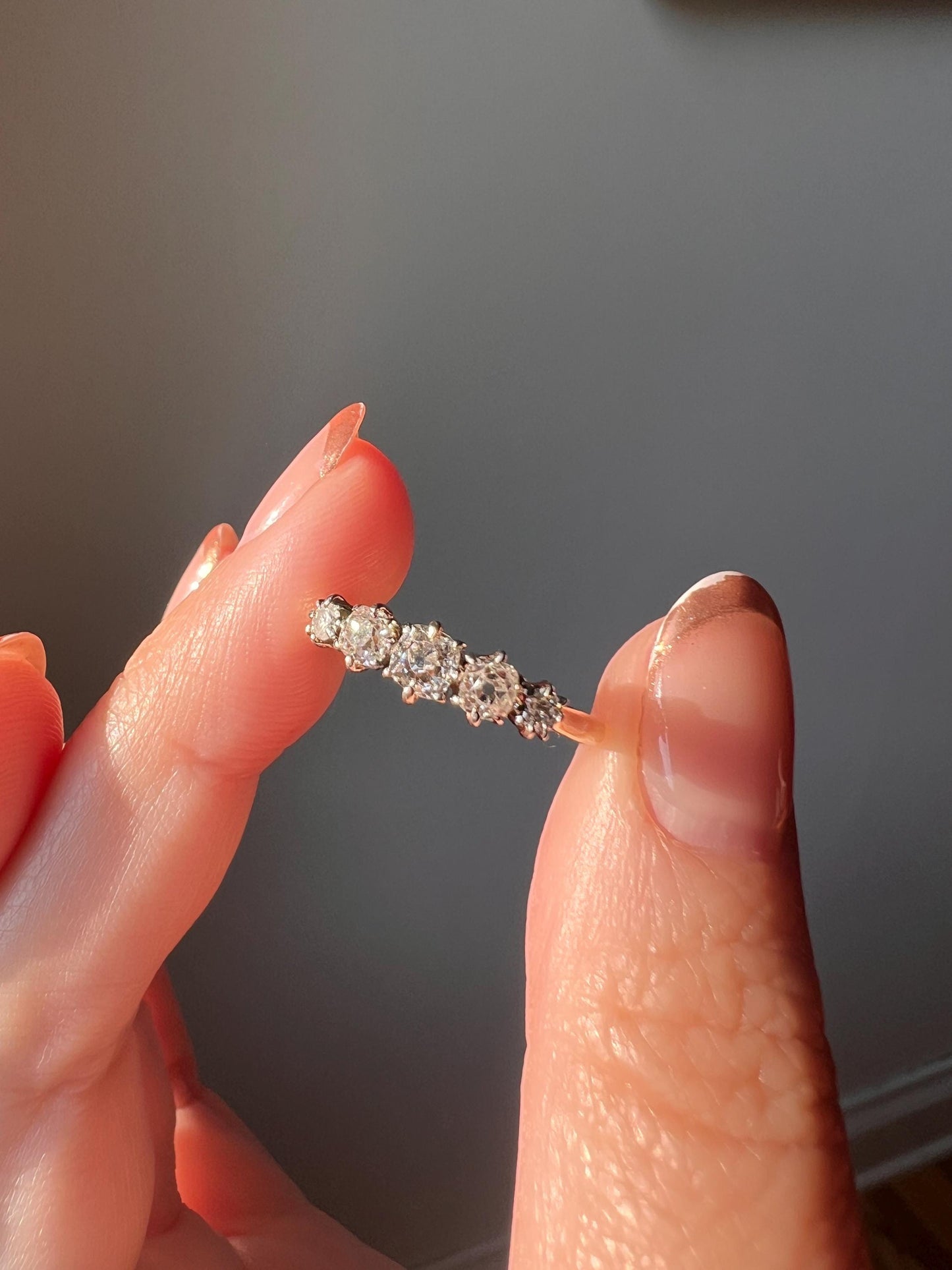 Antique .6 Carat Old Mine Cut DIAMOND 18k Gold & Platinum Five Stone Ring Tall Band Romantic Gift Stacker Linear Sparkly Victorian OMC