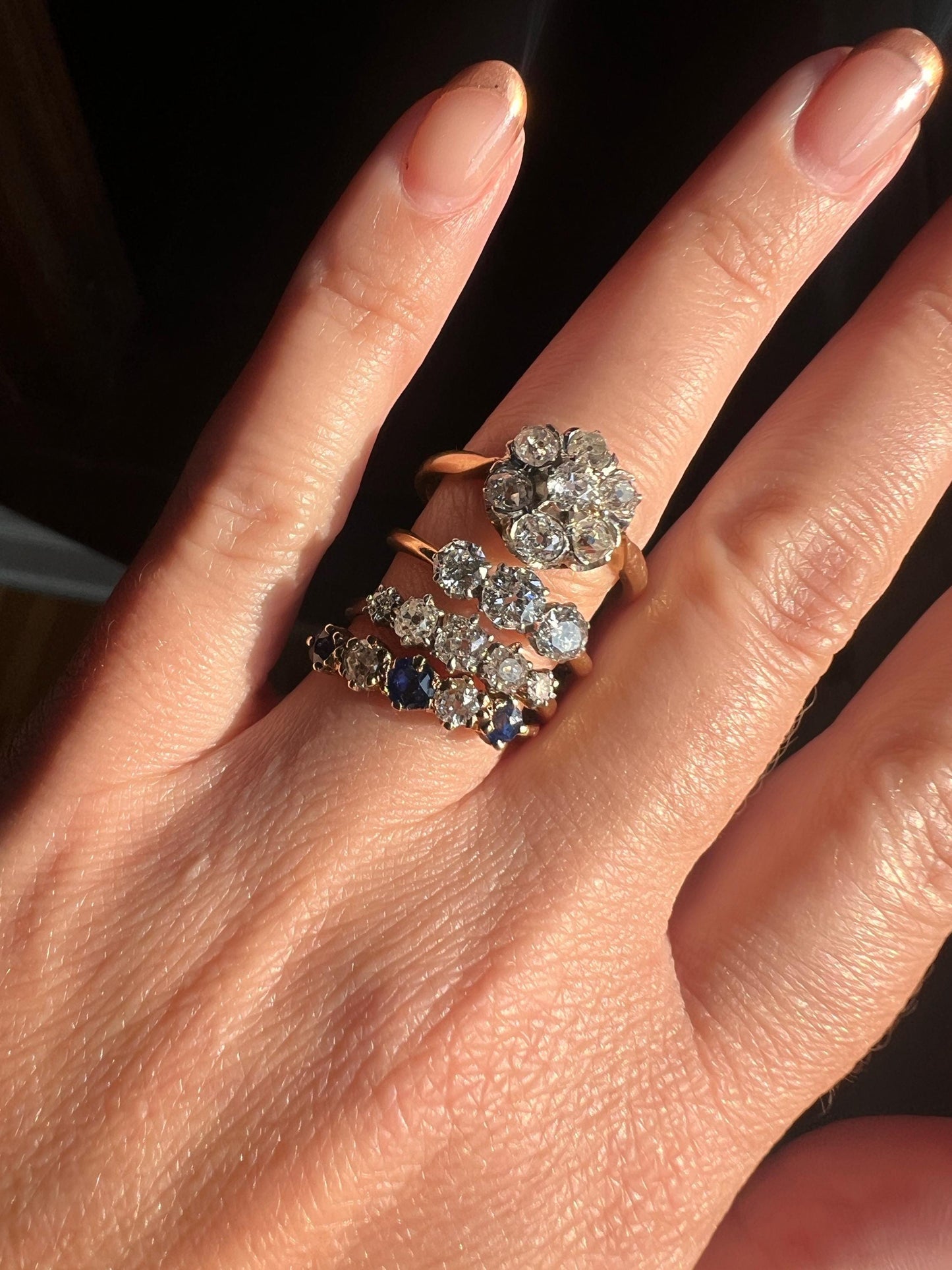 Antique .6 Carat Old Mine Cut DIAMOND 18k Gold & Platinum Five Stone Ring Tall Band Romantic Gift Stacker Linear Sparkly Victorian OMC