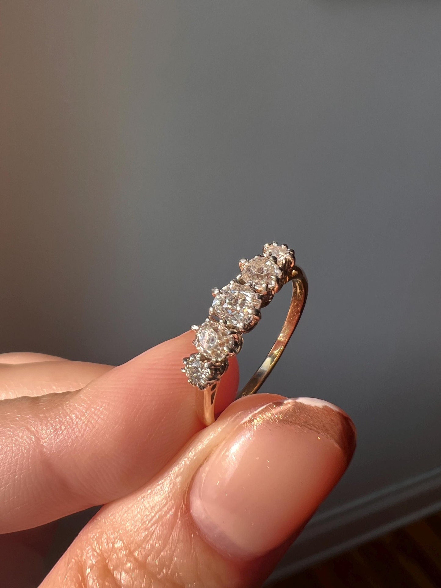 Antique .6 Carat Old Mine Cut DIAMOND 18k Gold & Platinum Five Stone Ring Tall Band Romantic Gift Stacker Linear Sparkly Victorian OMC