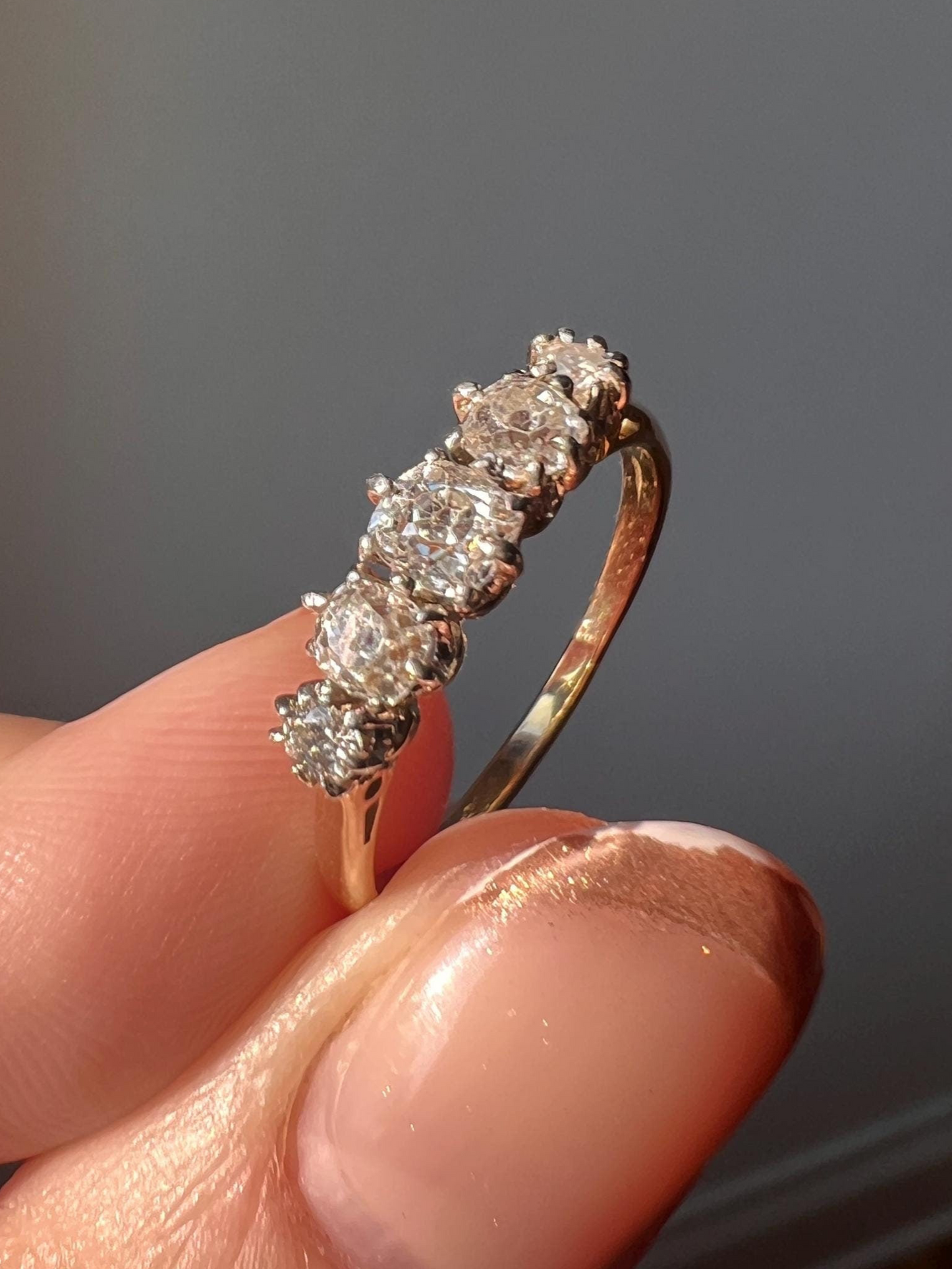 Antique .6 Carat Old Mine Cut DIAMOND 18k Gold & Platinum Five Stone Ring Tall Band Stacker