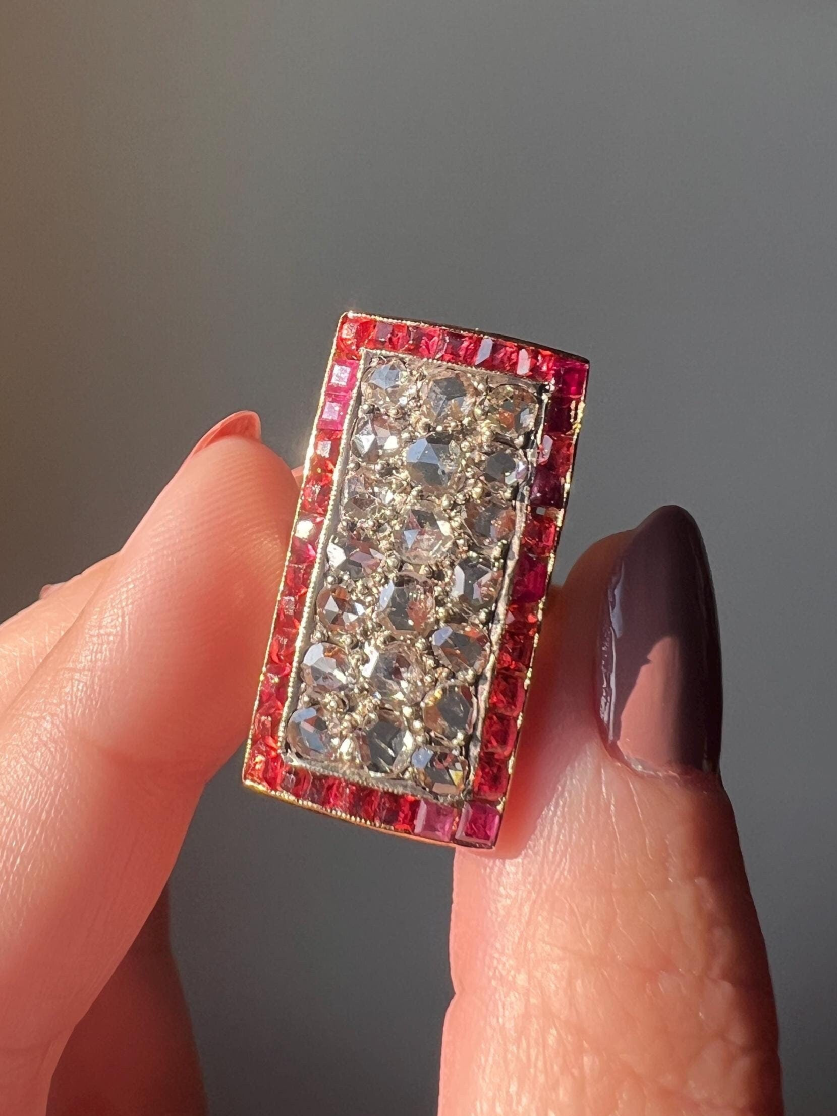 Mega ANTIQUE Inch Rose Cut DIAMOND Natural RUBY Halo Rectangular Panel Lozenge Ring 18k Gold