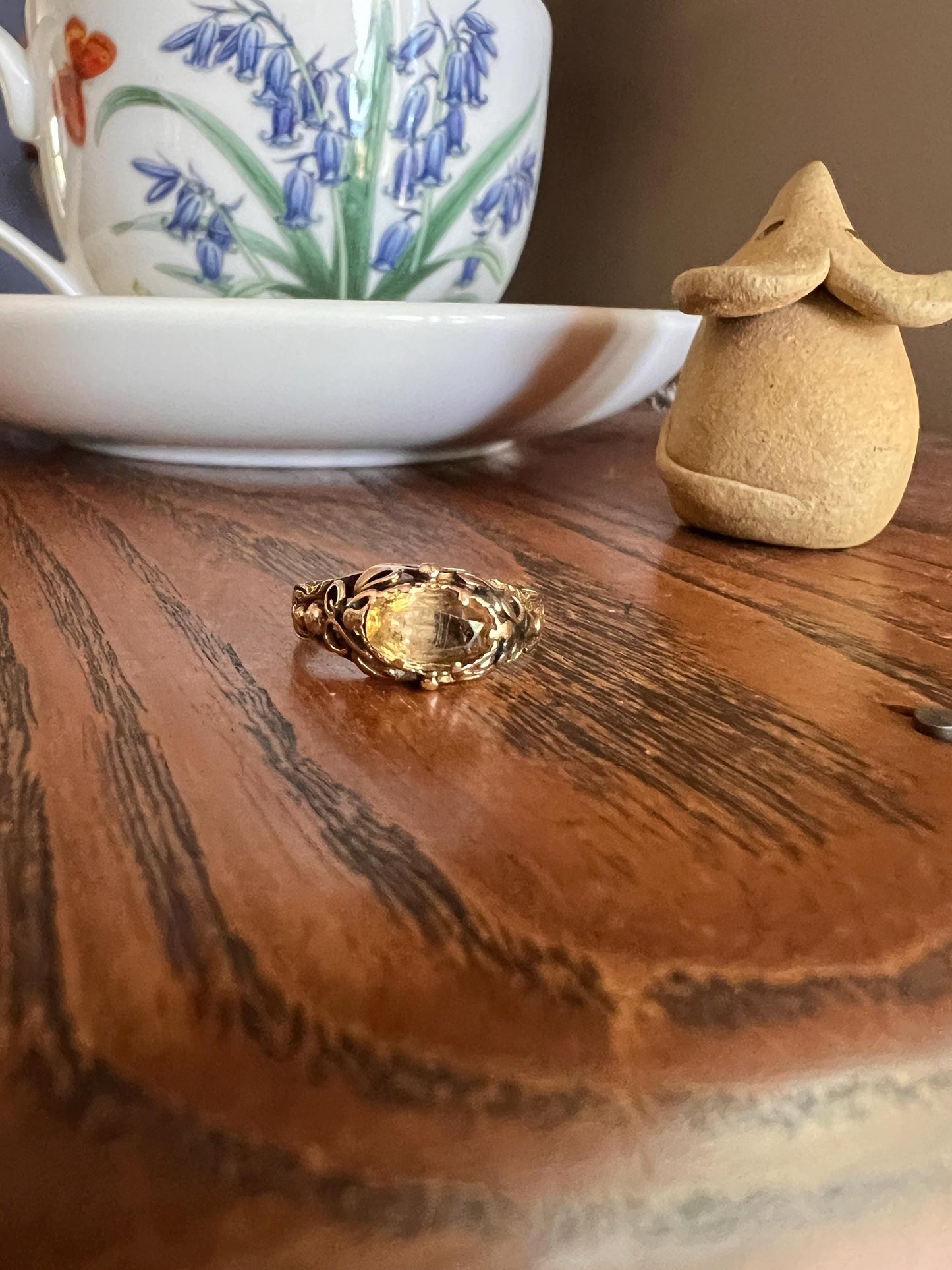 Antique GEORGIAN Old Cut Precious Golden Yellow Peach TOPAZ Ring 14k Gold Foil Back East West OVAL Ornate Scrolled Romantic Gift Victorian