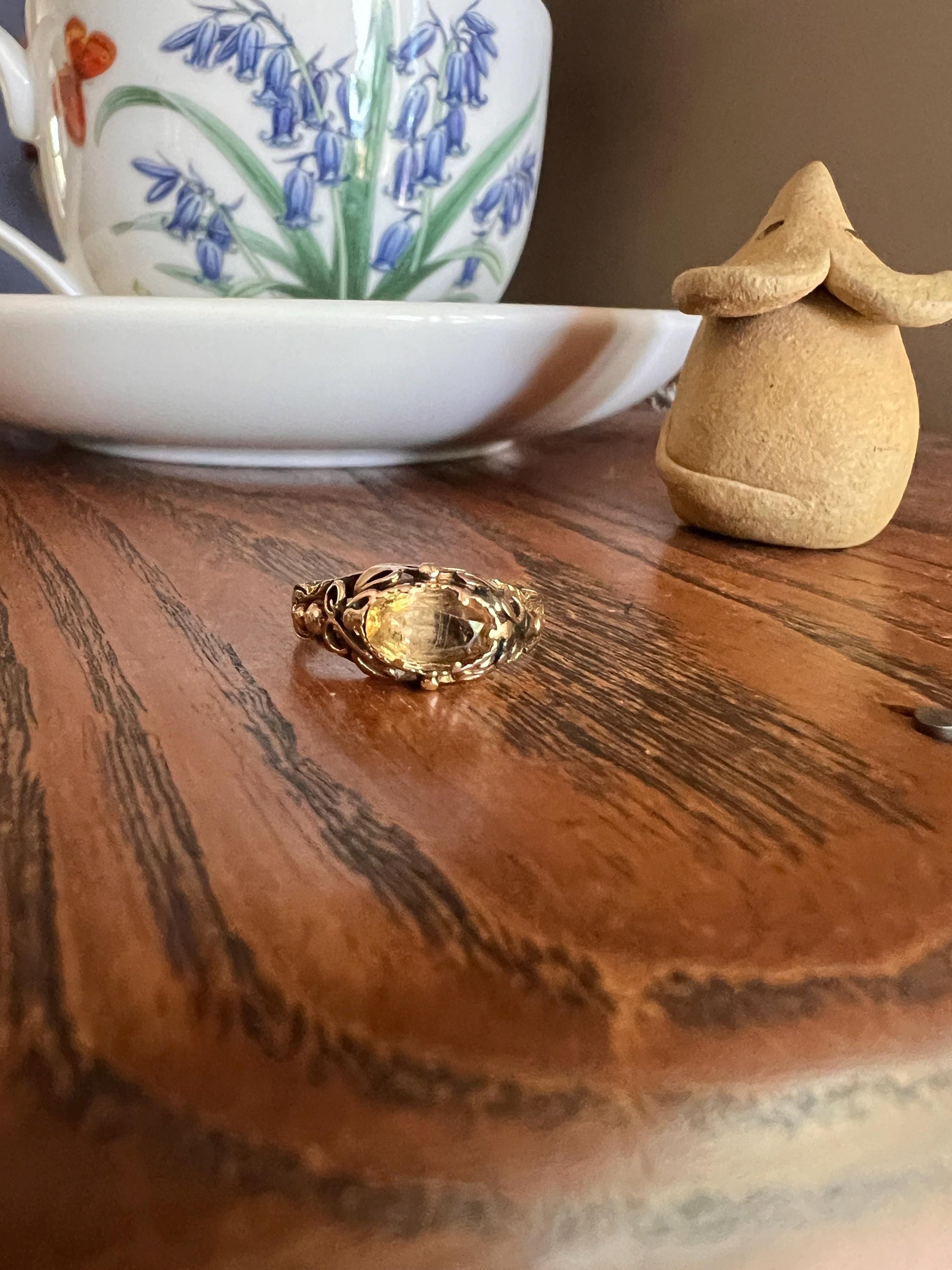 Antique GEORGIAN Old Cut Precious Golden Yellow Peach TOPAZ Ring 14k Gold Foil Back East West OVAL Ornate Scrolled Romantic Gift Victorian