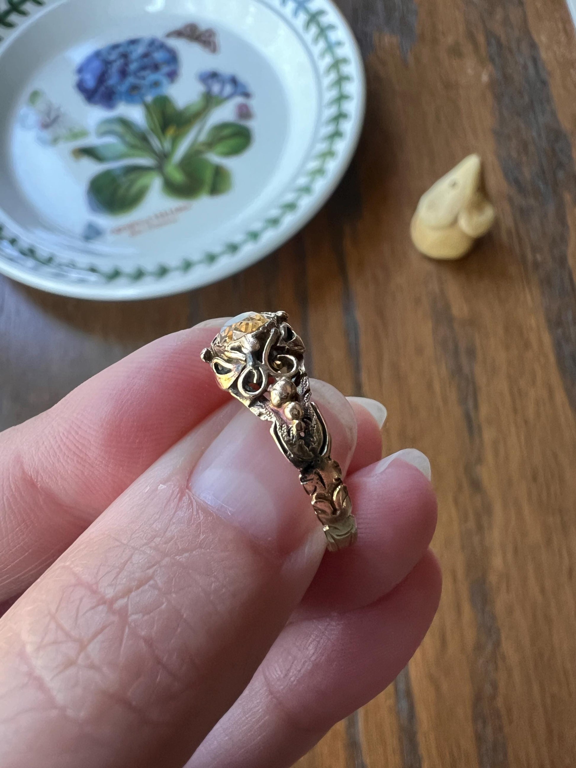 Antique GEORGIAN Old Cut Precious Golden Yellow Peach TOPAZ Ring 14k Gold Foil Back East West OVAL Ornate Scrolled Romantic Gift Victorian