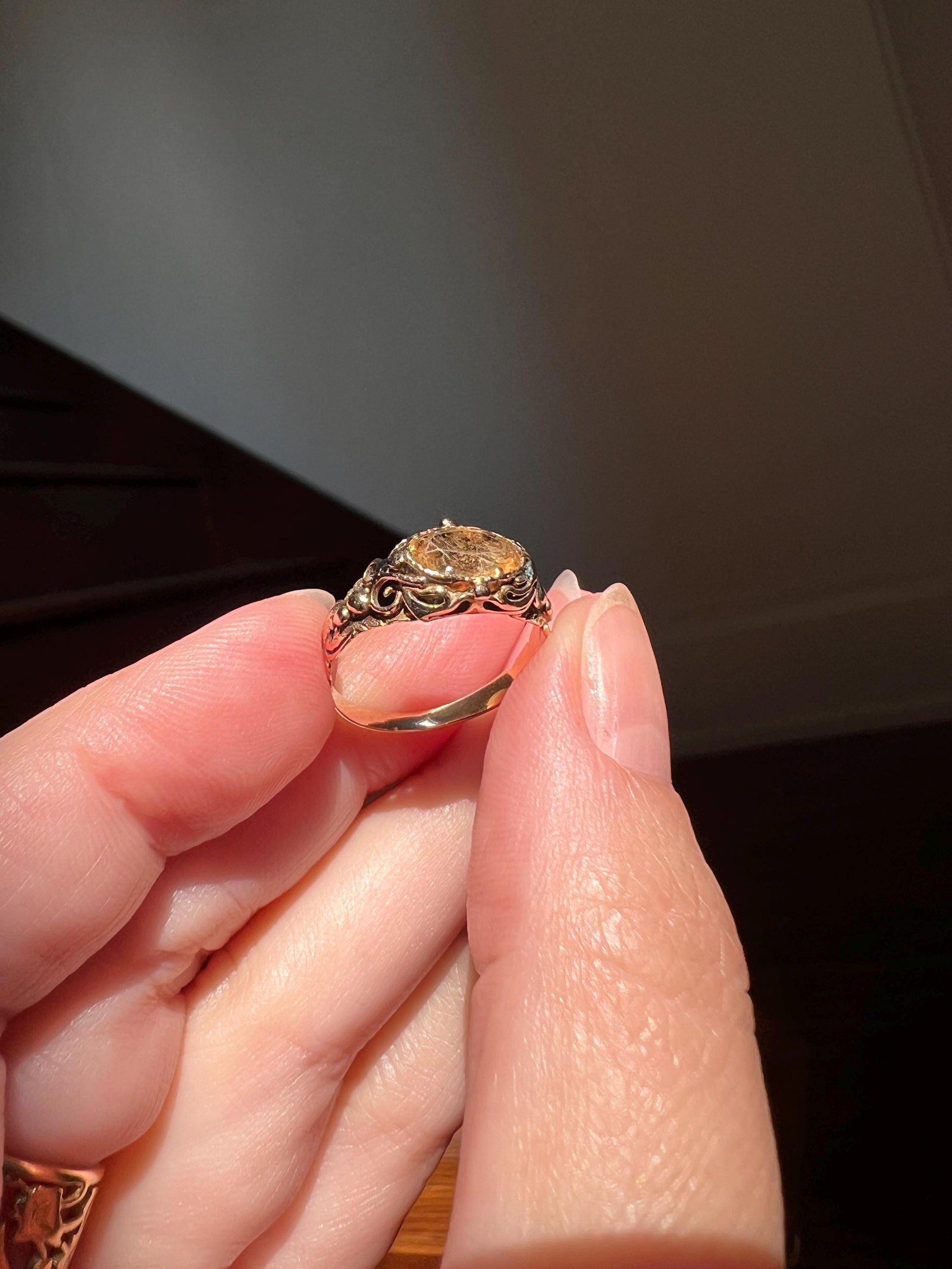 Antique GEORGIAN Old Cut Precious Golden Yellow Peach TOPAZ Ring 14k Gold Foil Back East West OVAL Ornate Scrolled Romantic Gift Victorian