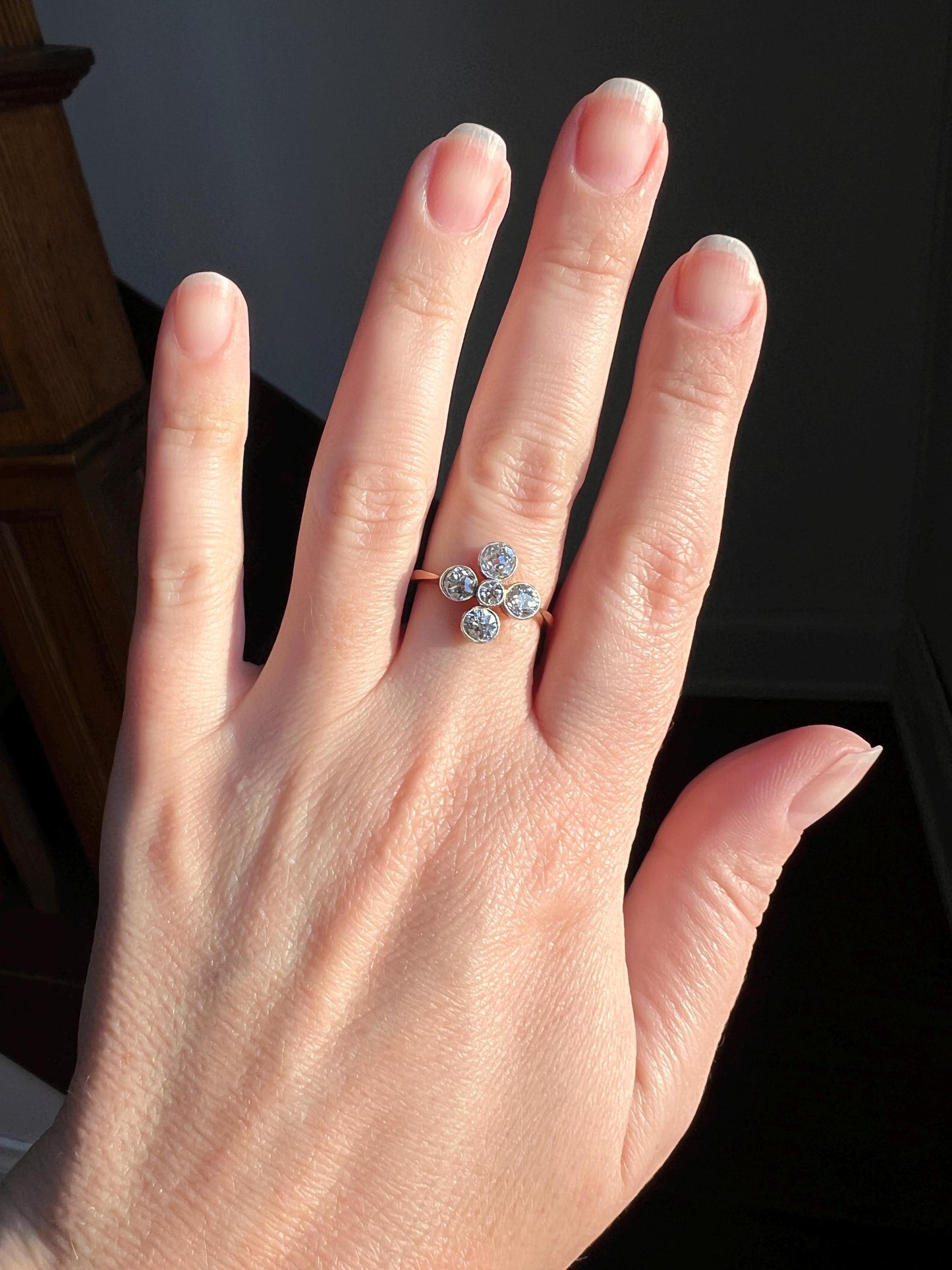 CRUCIFORM 1.25 Carat Old Mine Cut DIAMOND Ring Antique EDWARDIAN 18k Gold Platinum Five Stone Geometric Romantic Gift Stacker Milgrain OmC