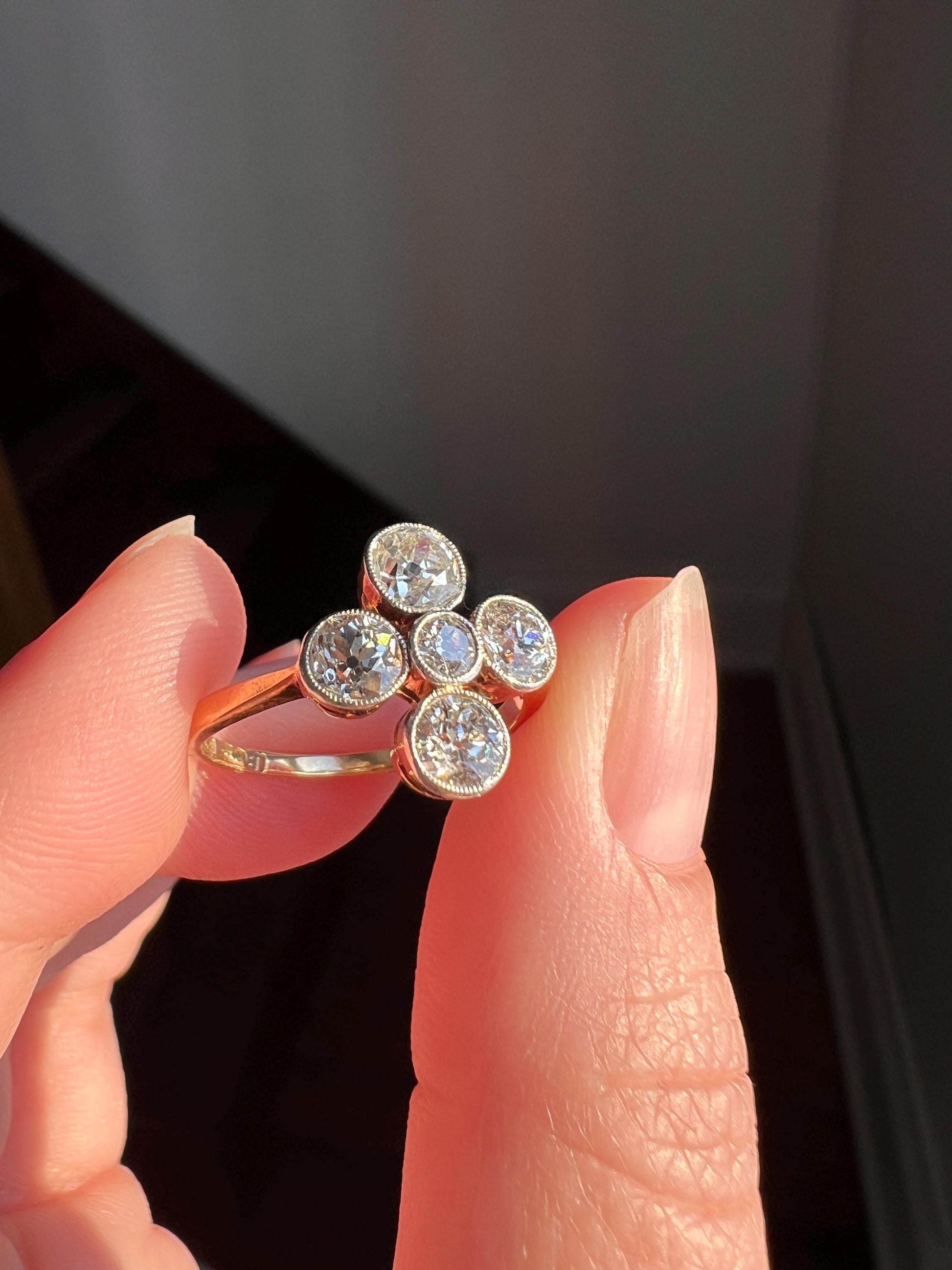 CRUCIFORM 1.25 Carat Old Mine Cut DIAMOND Ring Antique EDWARDIAN 18k Gold Platinum Five Stone Geometric Romantic Gift Stacker Milgrain OmC