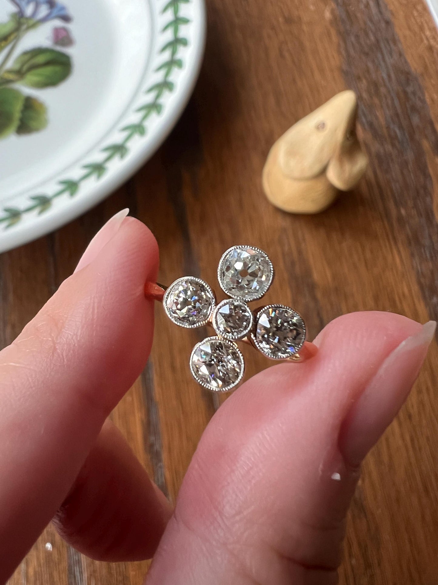 CRUCIFORM 1.25 Carat Old Mine Cut DIAMOND Ring Antique EDWARDIAN 18k Gold Platinum Five Stone Geometric Romantic Gift Stacker Milgrain OmC