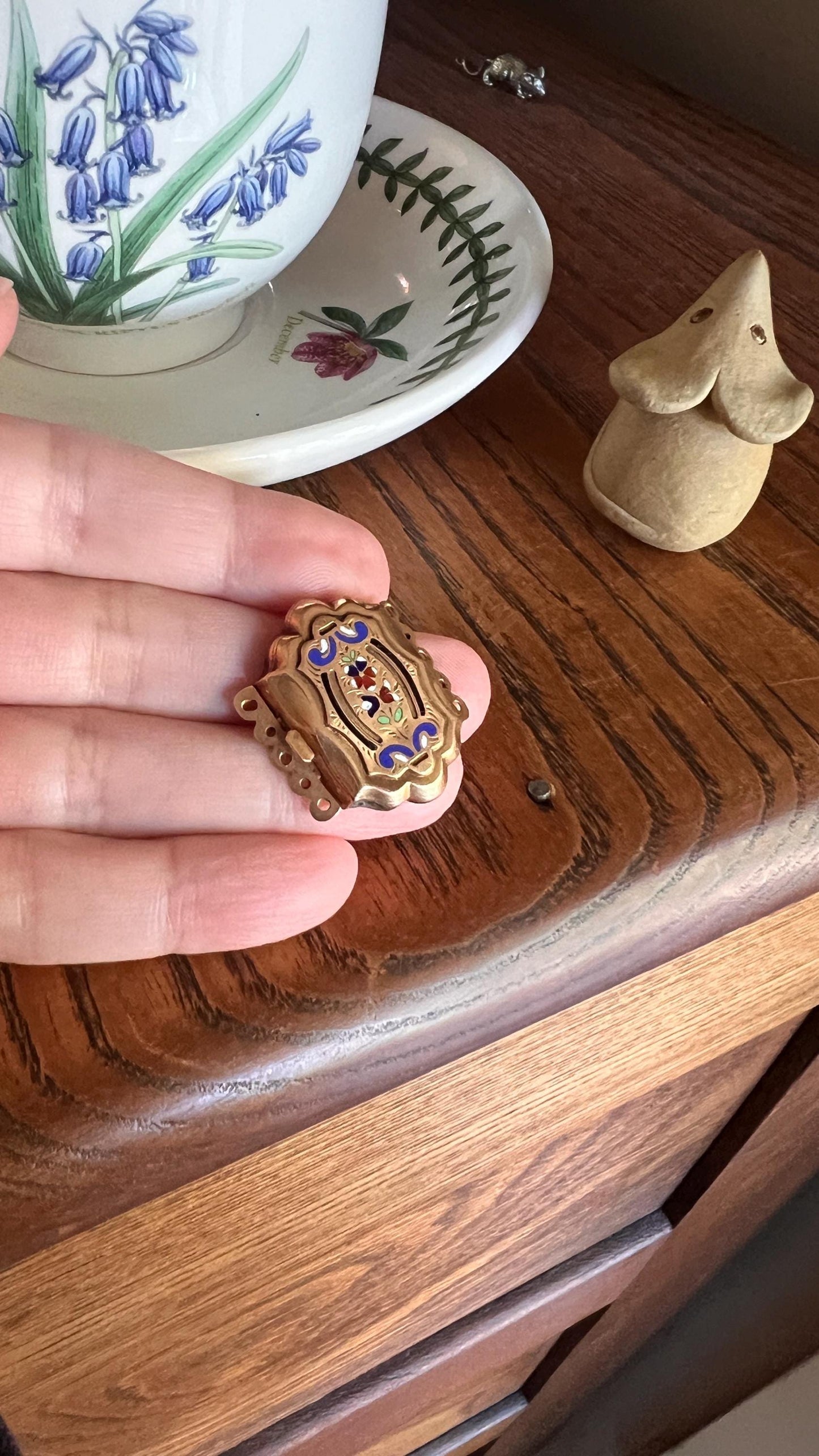 FLORAL Antique VICTORIAN Large French Clasp Pendant Panel 18k Gold Solid Enamel Pansy Necklace Bracelet Extender for Multistrand Neckmess