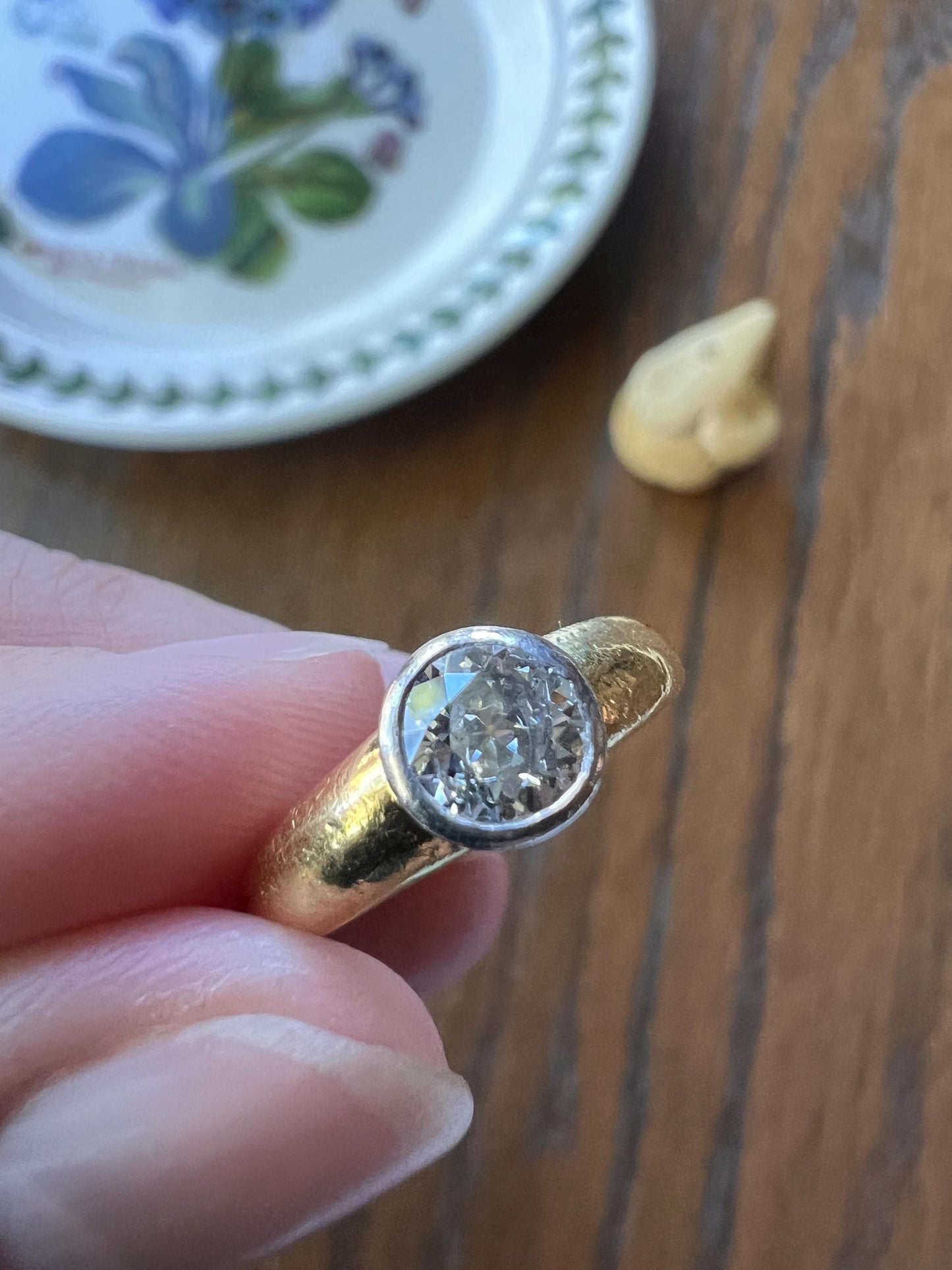 Vintage .6 Carat Antique Old Mine Cut DIAMOND Bezel Set Ring Stacker Band 18k Gold Solitaire Geometric Engagement Romantic Gift .6Ctw OmC