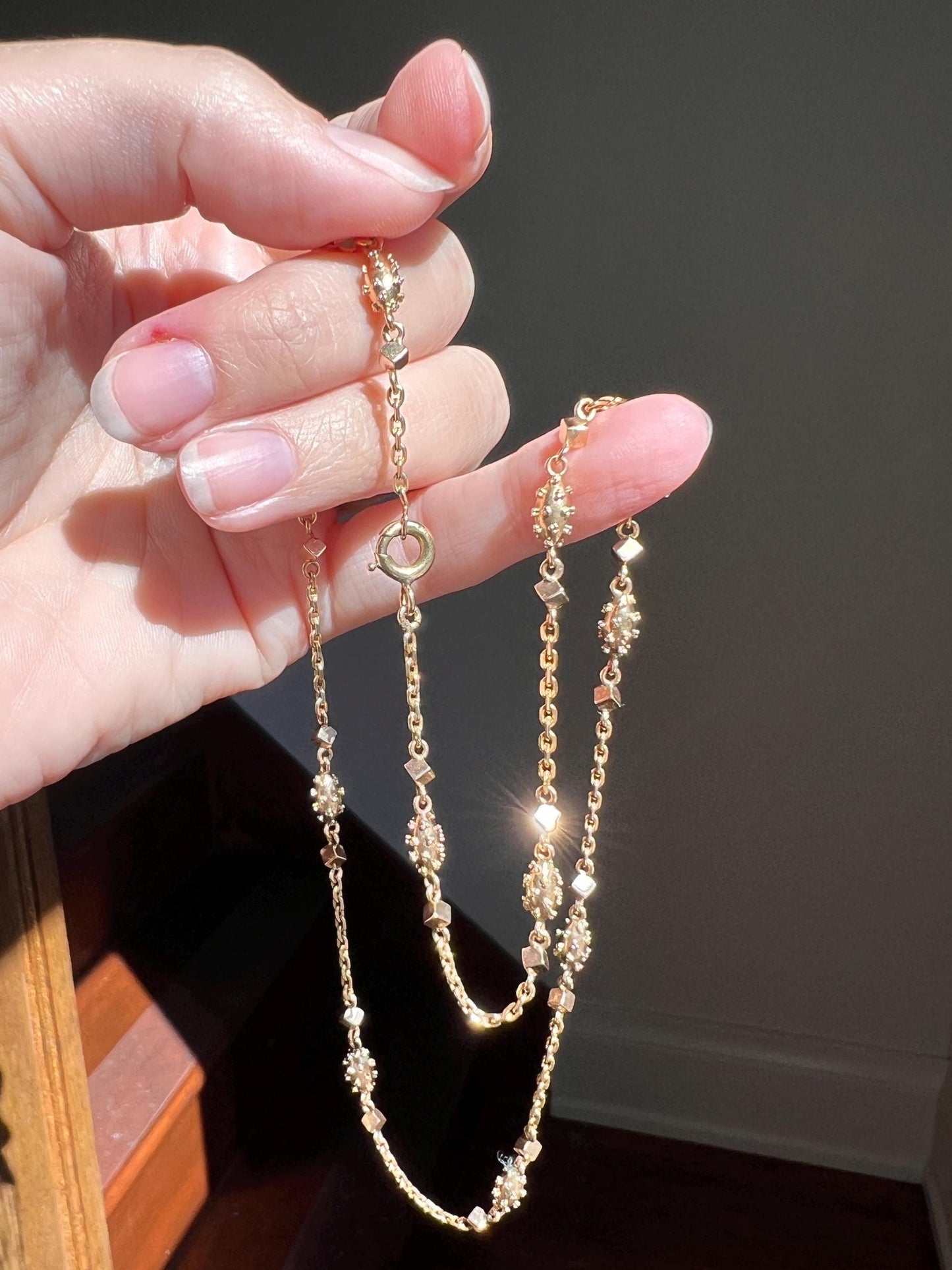VICTORIAN Era Antique French 18k Gold Chain Necklace Cube Ball Rivet Pendant Holder Warm Glow Geometric Texture Minimalist Layering Neckmess
