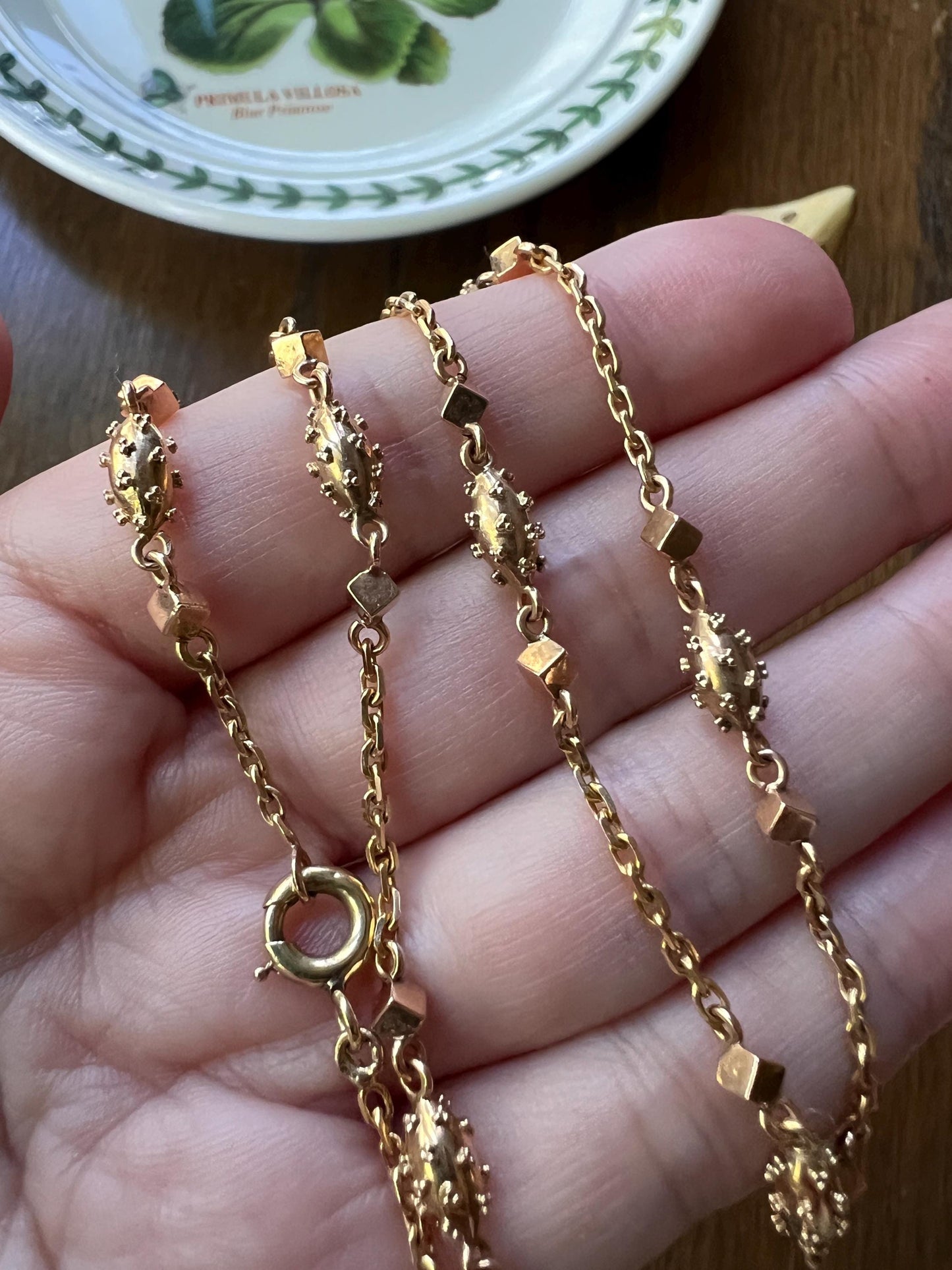 VICTORIAN Era Antique French 18k Gold Chain Necklace Cube Ball Rivet Pendant Holder Warm Glow Geometric Texture Minimalist Layering Neckmess