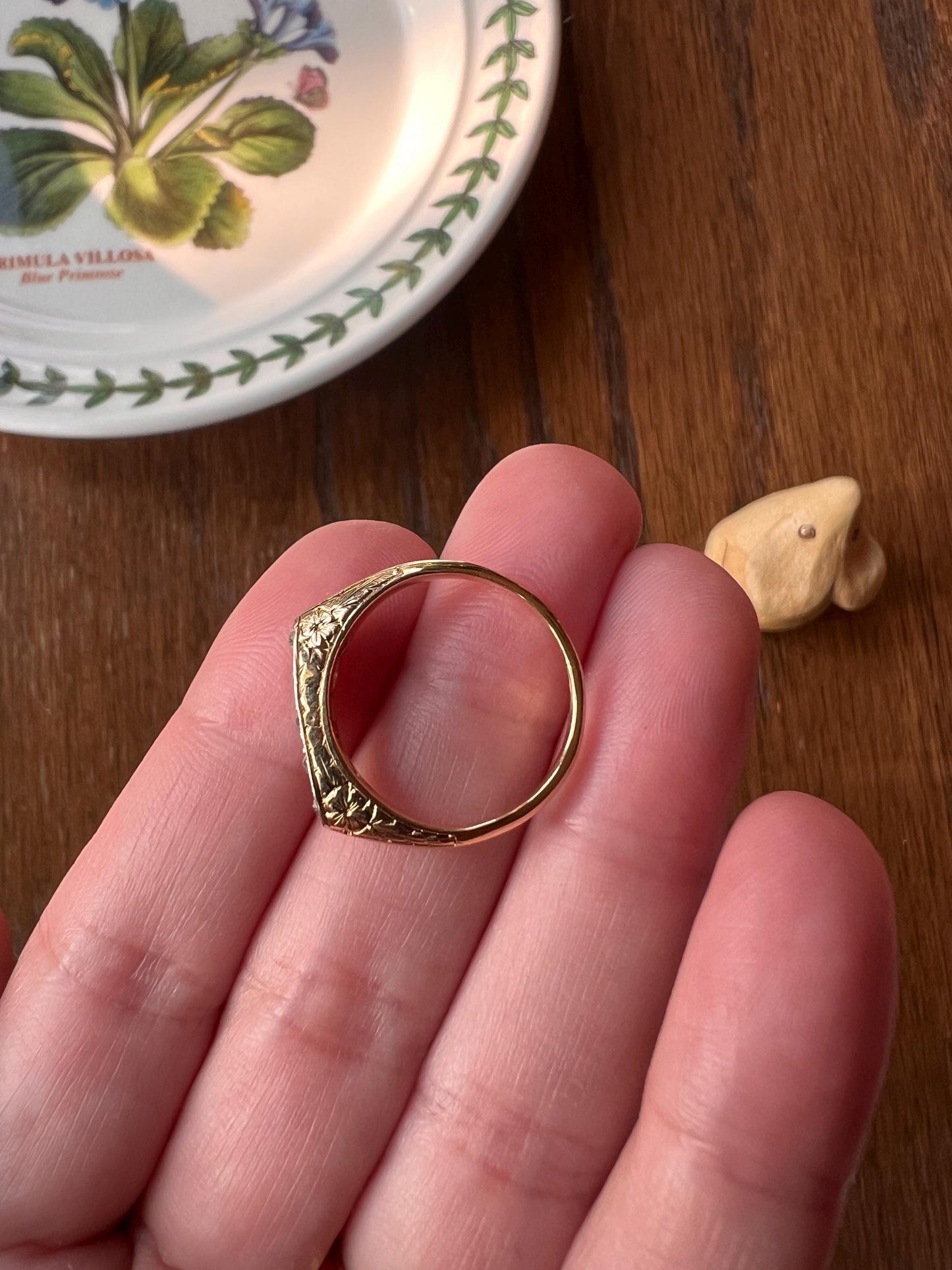FLORAL Five Stone Ring Antique Old Mine Cut DIAMOND Rose Cut Spacers Platform Boat 18k Gold Forget Me Not Engraved Romantic Gift OmC Stacker