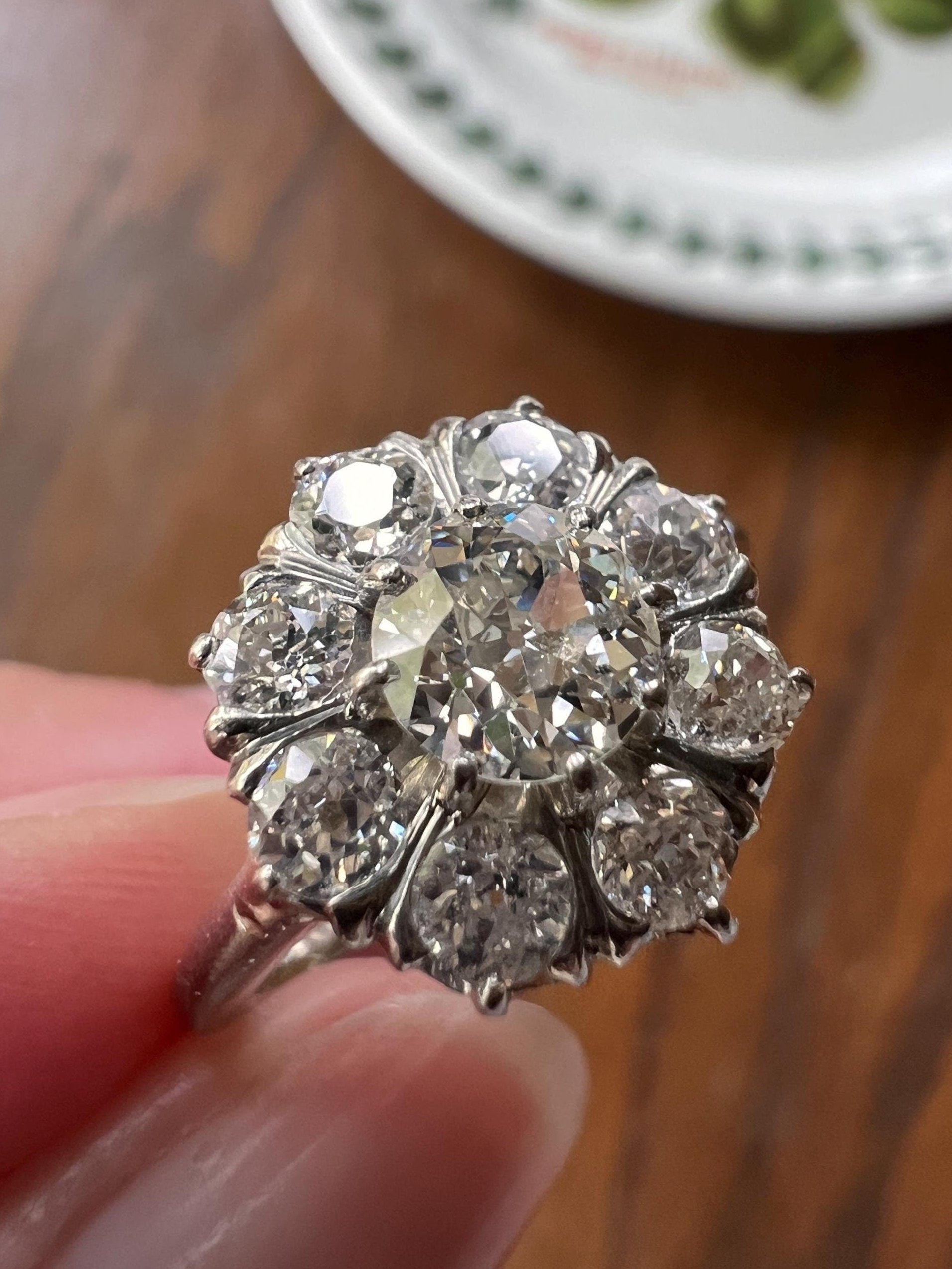 French Antique Carat Old Mine Cut DIAMOND Ring PLATINUM Halo Cluster Stacker Daisy Engagement OmC Gift