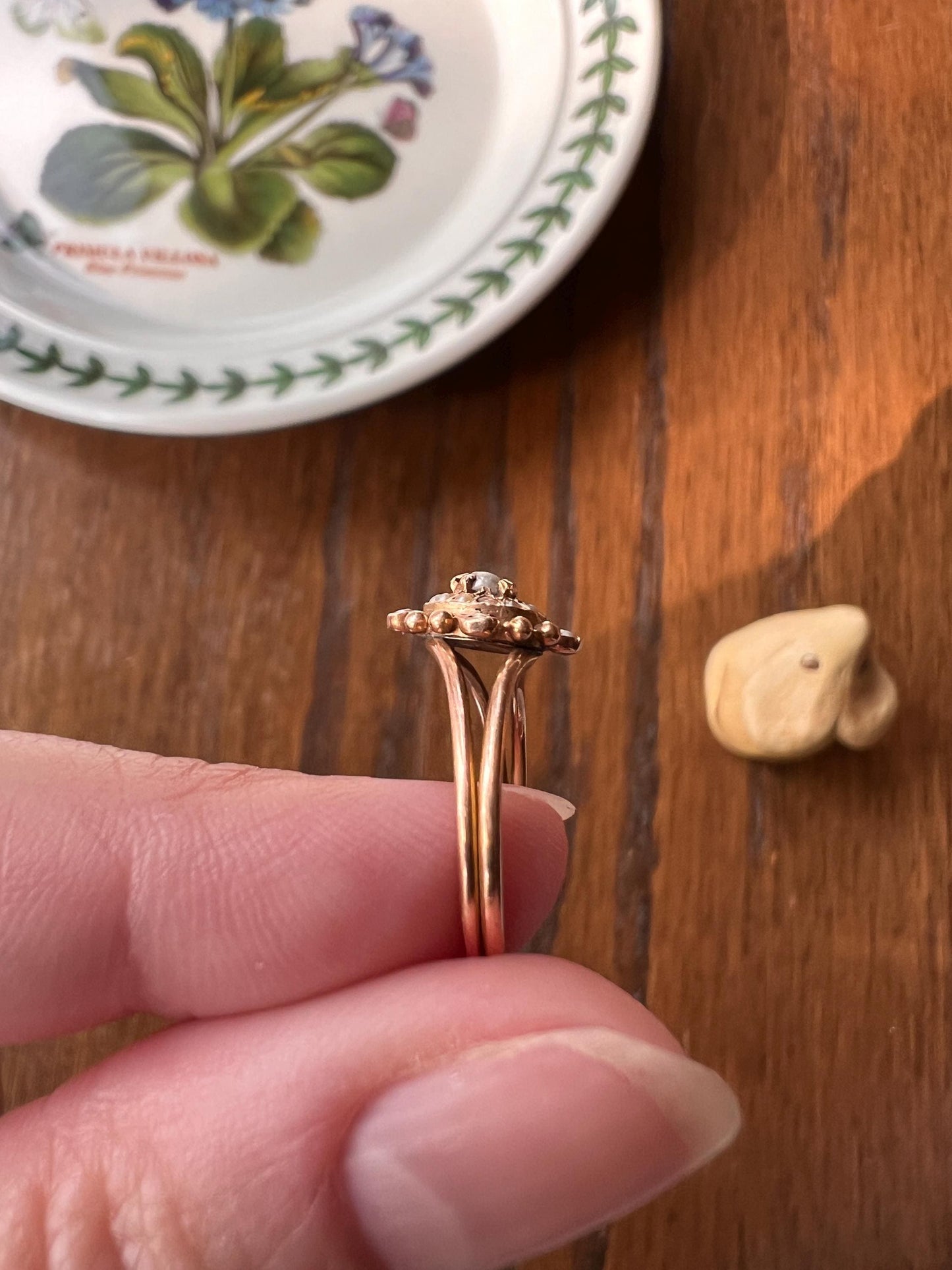 Seed PEARL Dainty Halo Target Bullseye Ring Victorian Antique 18k Rose Gold Stacker Ball Rivet Romantic Gift Unique Design Double Band Shank