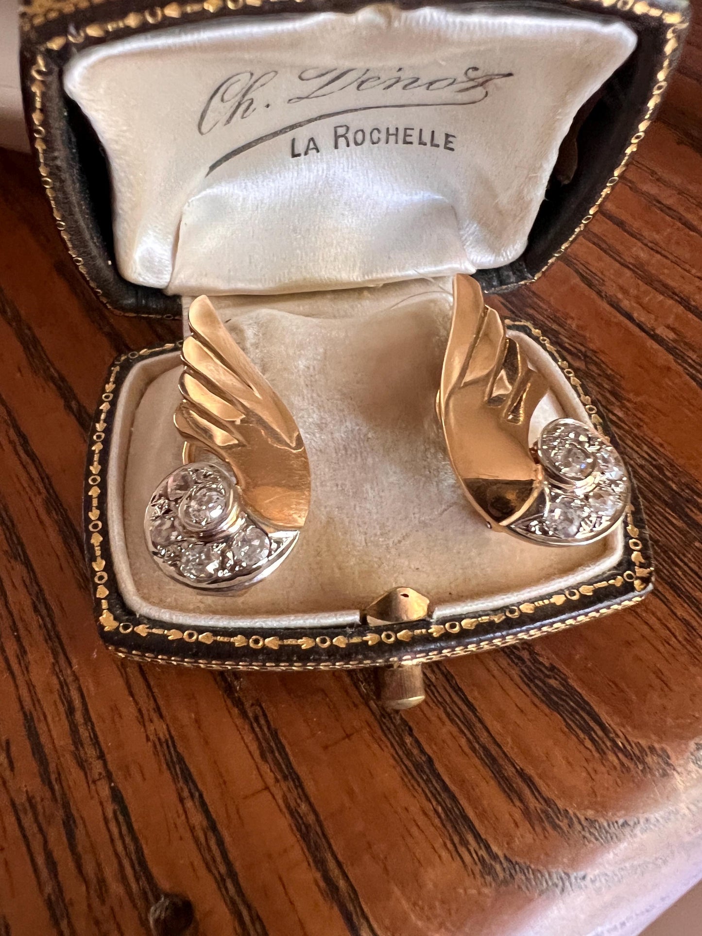 WINGED Fabulous 1 Carat 1 Ctw. Art Deco French Old Mine Cut DIAMOND Earrings 18k Gold Figural Swirl Antique Vintage Climber Crawler Chunky